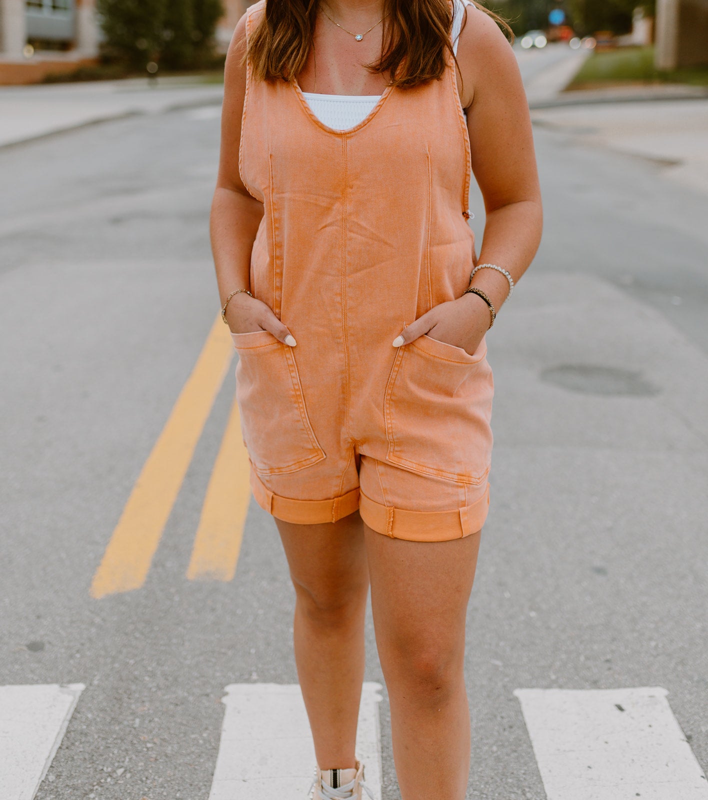 The Squeeze the Day Denim Romper | Orange