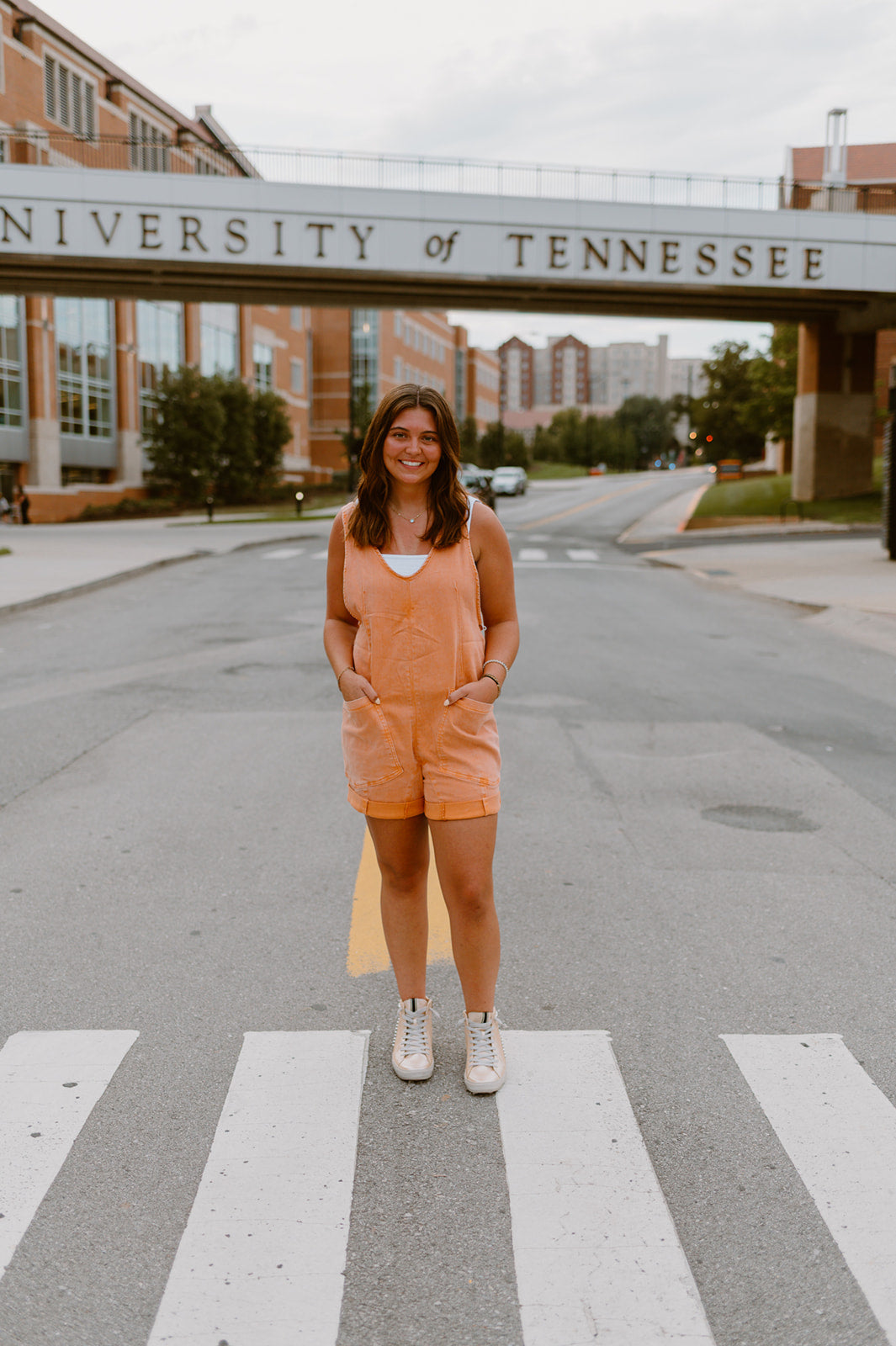 The Squeeze the Day Denim Romper | Orange
