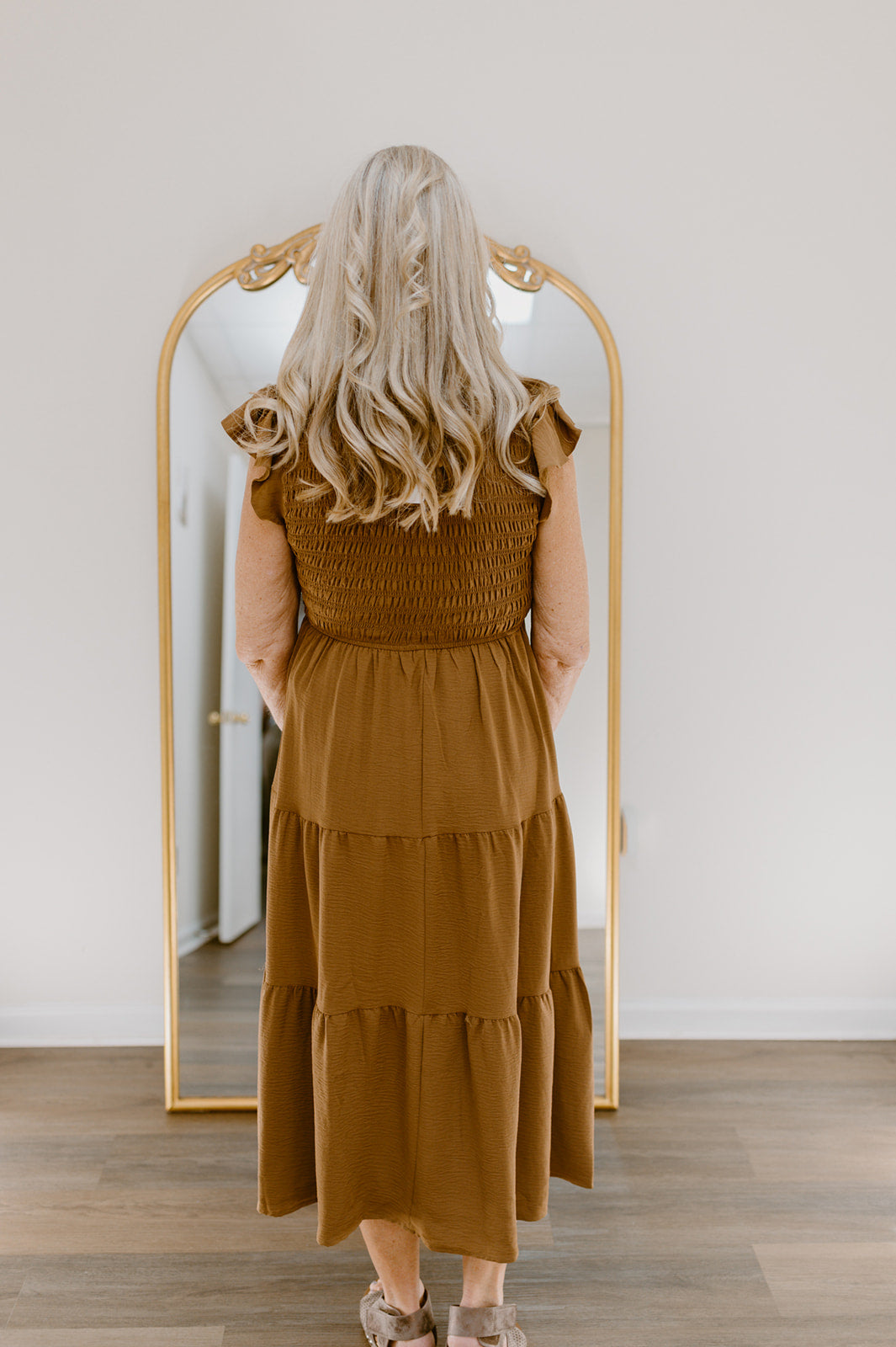 The Golden Hour Smocked Midi Dress | Brown