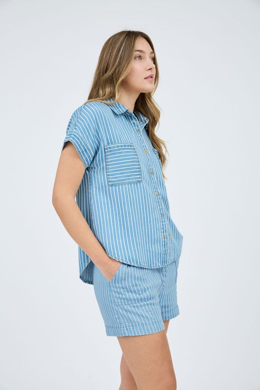 The Blaire Striped Denim Button Up | Light Wash