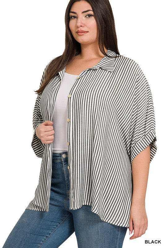 The Weekend Ease Striped Button-Up | Black (Plus Size)