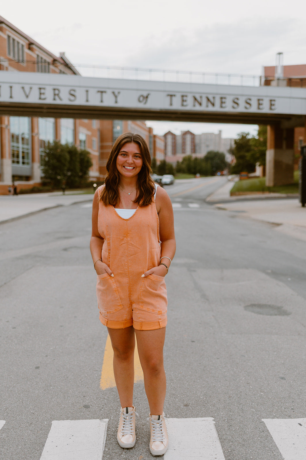 The Squeeze the Day Denim Romper | Orange