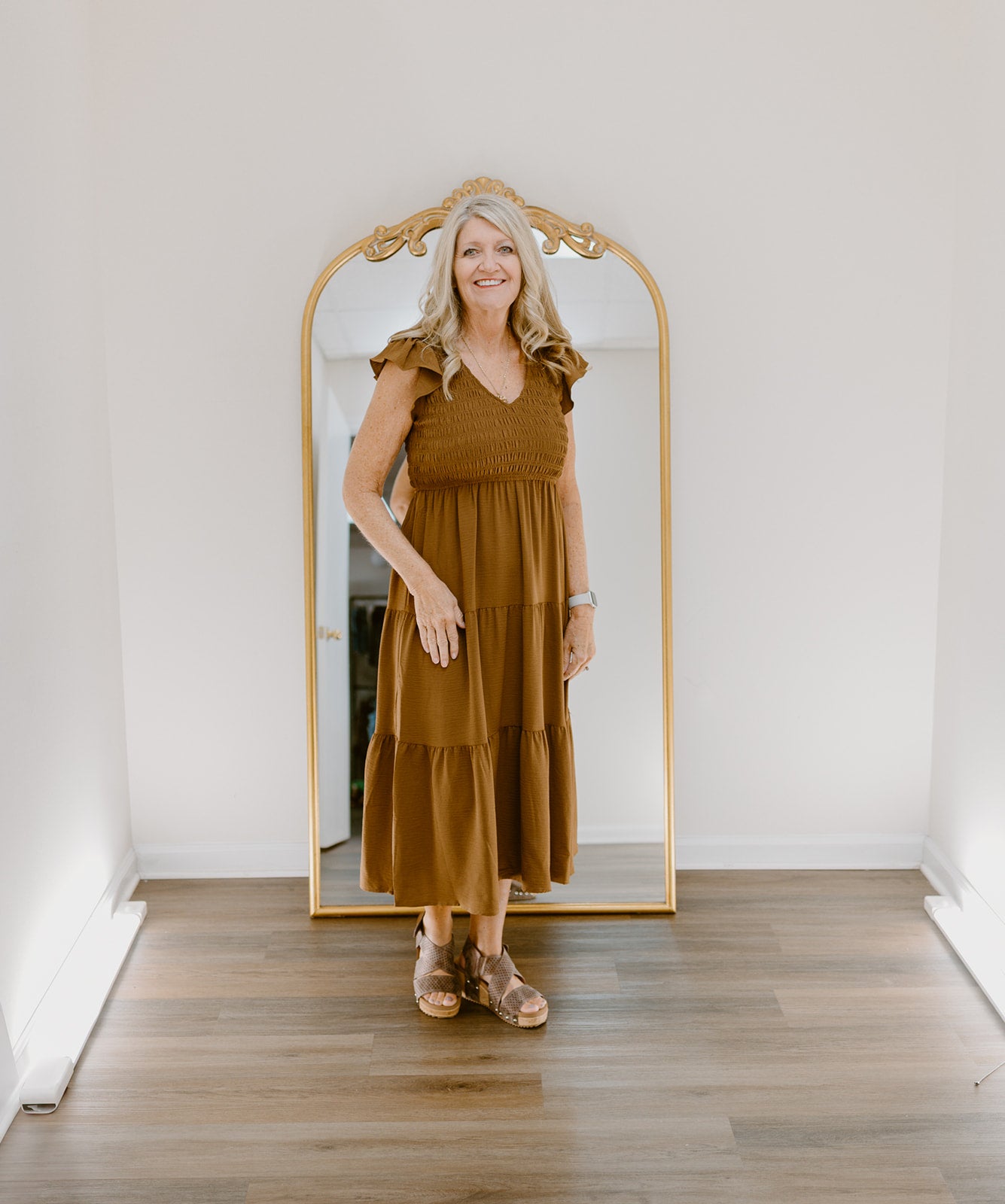 The Golden Hour Smocked Midi Dress | Brown