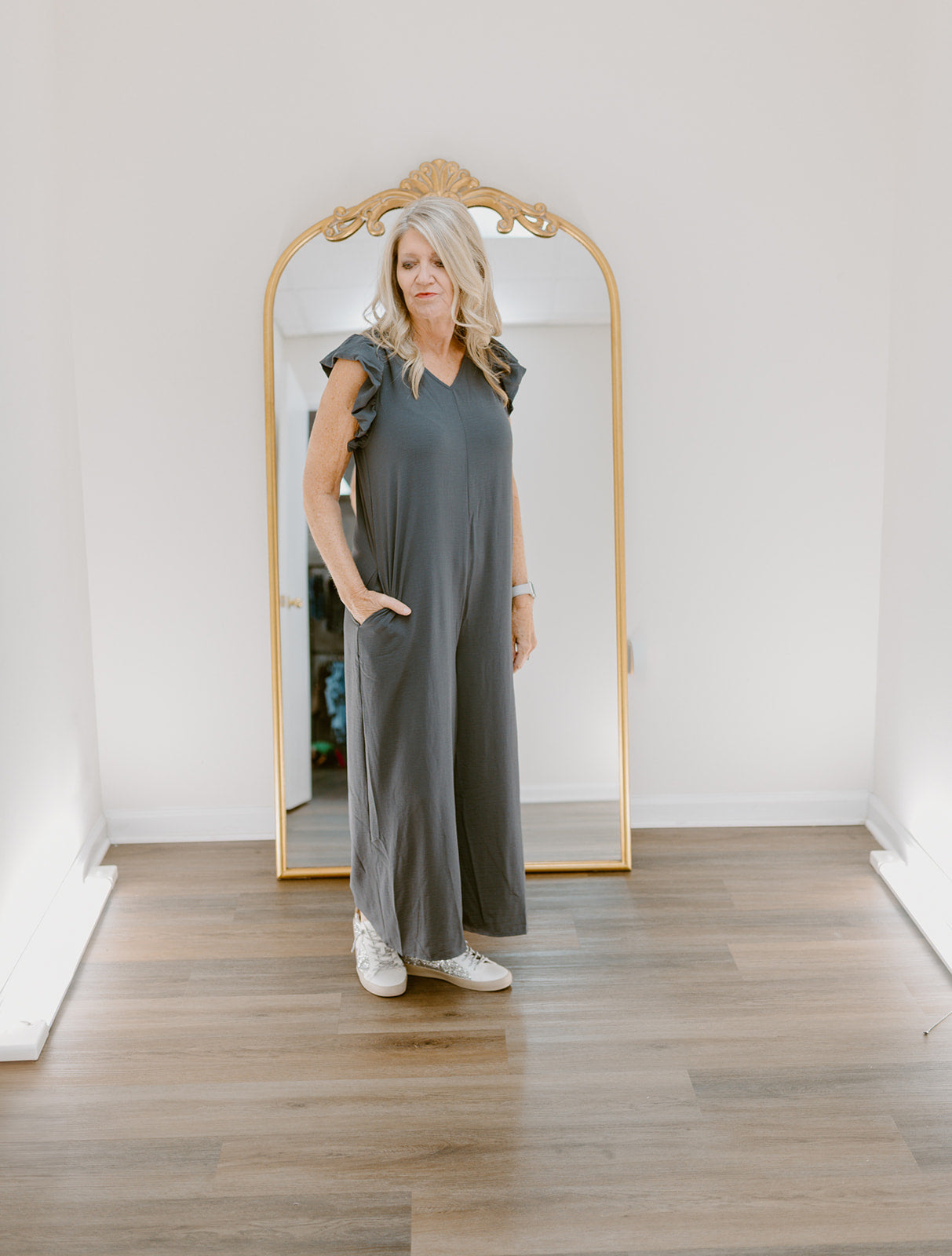 The Venetian Ruffle Sleeve Jumpsuit | Charcoal
