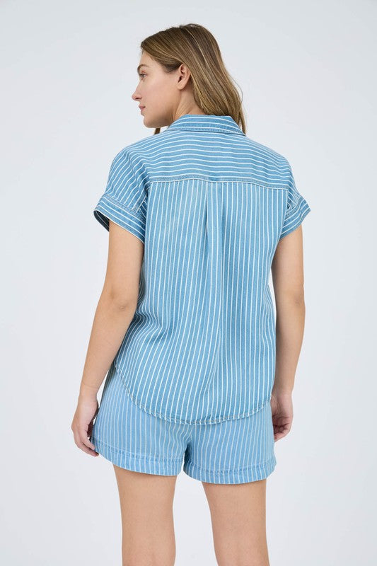 The Blaire Striped Denim Button Up | Light Wash