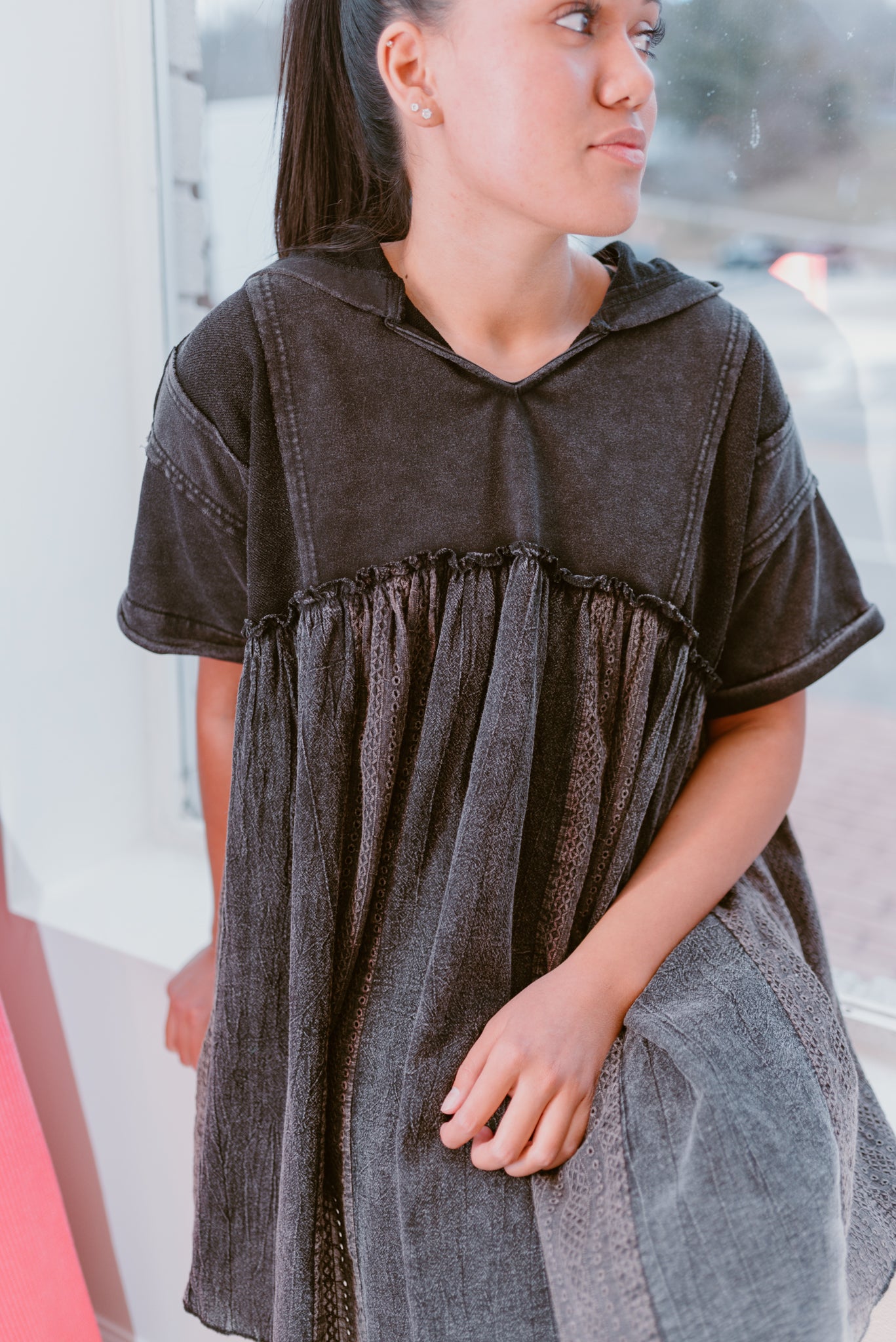 Black Mineral Wash Dress with Hoodie