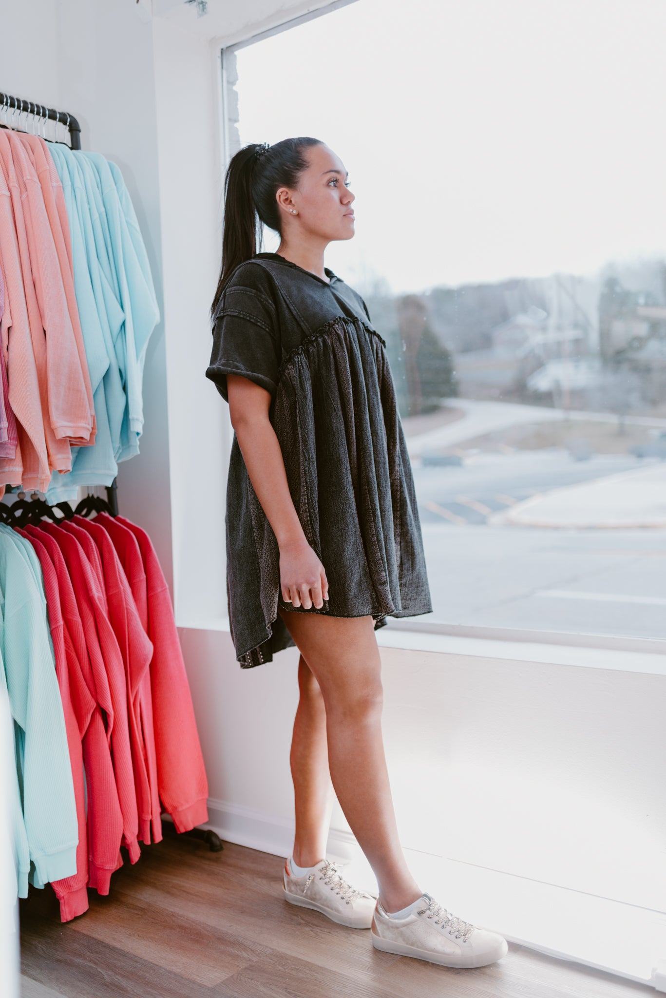 Black Mineral Wash Dress with Hoodie