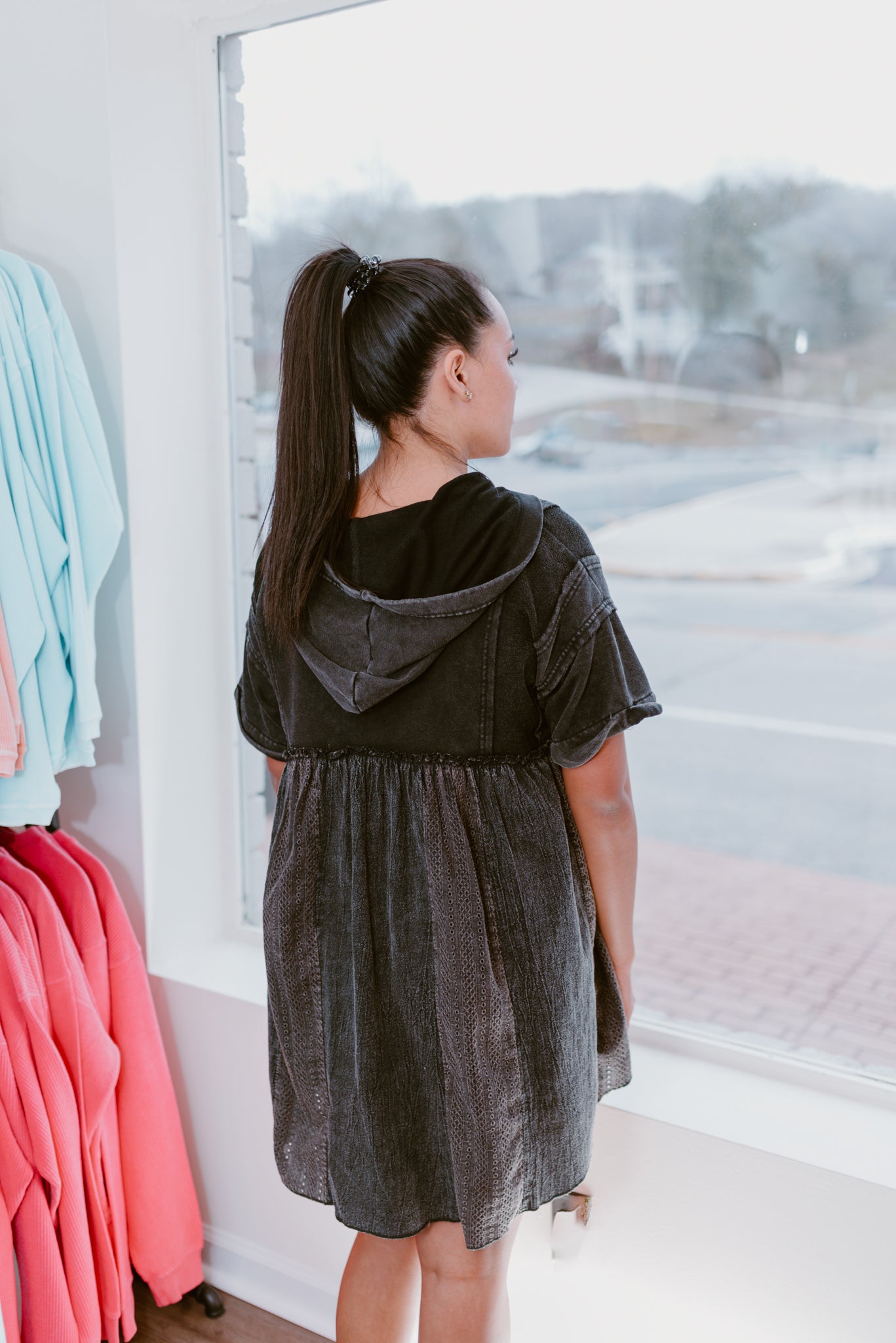 Black Mineral Wash Dress with Hoodie