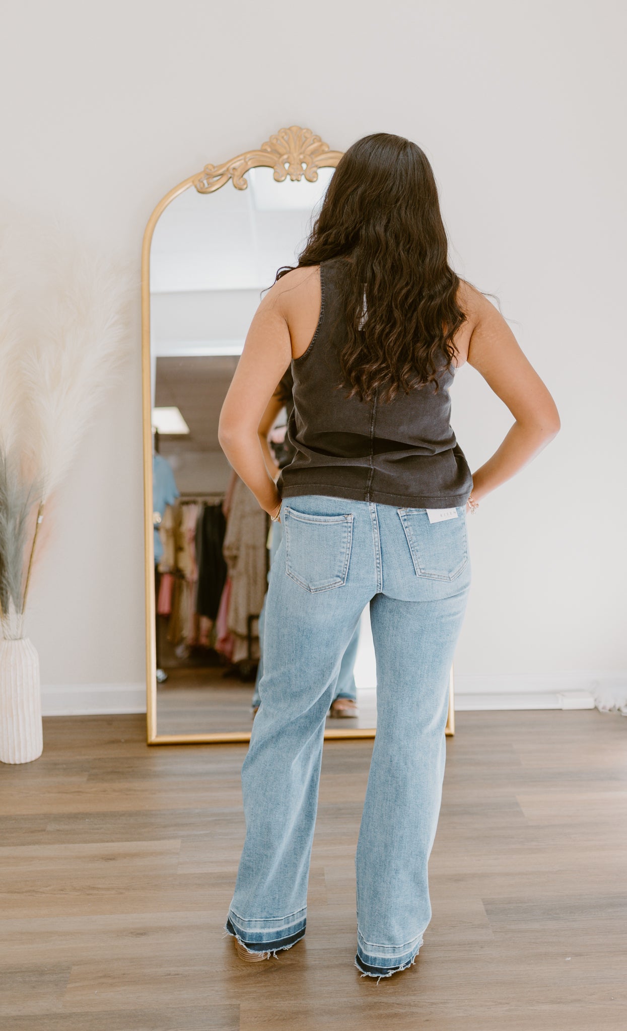 Risen High Rise Button Wide Leg Jeans