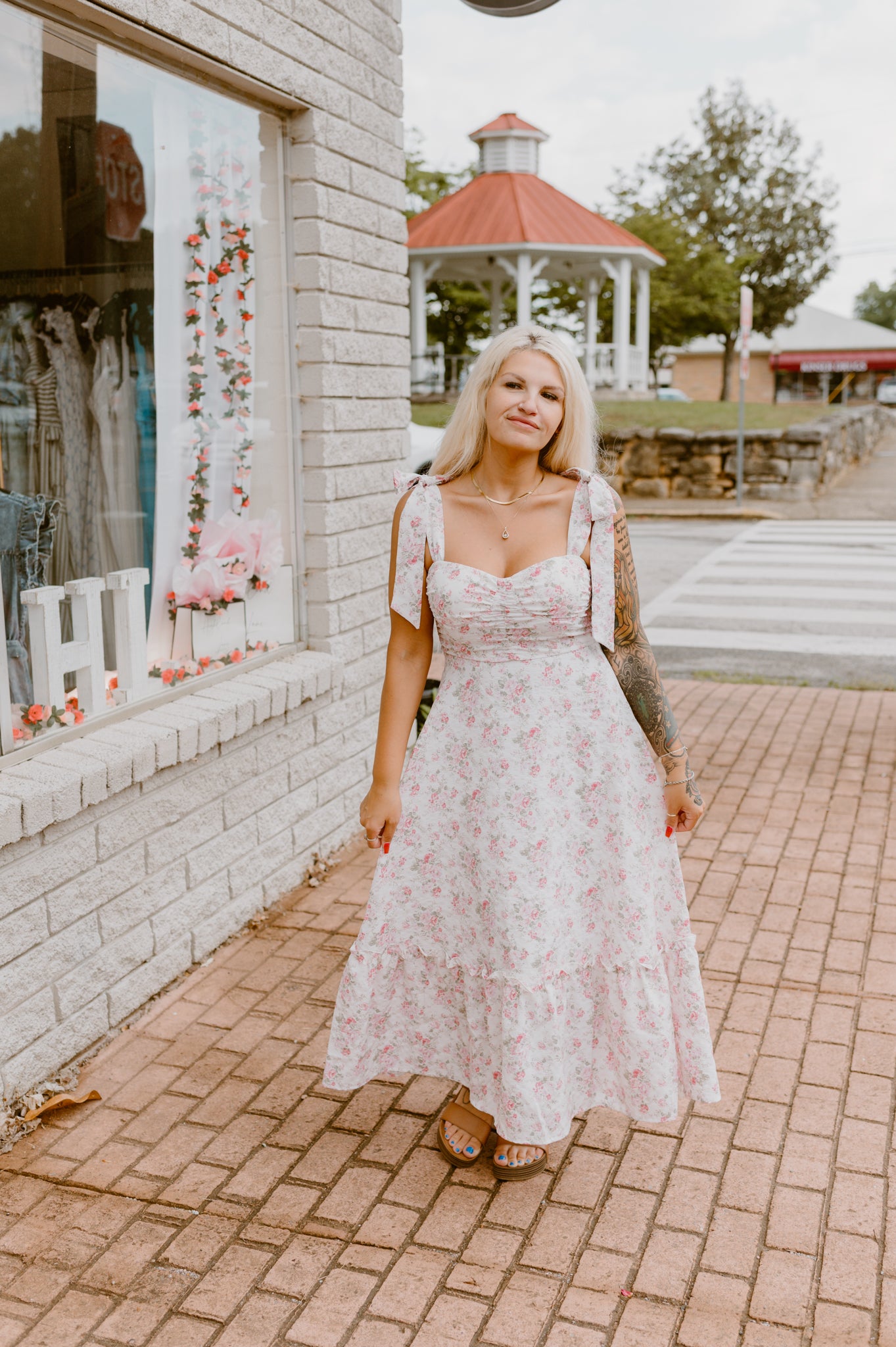 Floral Tie Strap Ruched Maxi | Pink