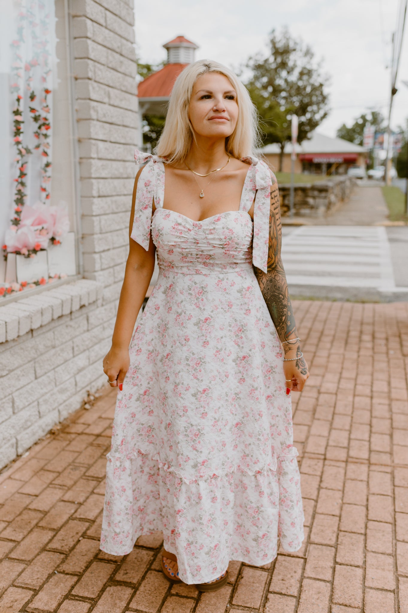 Floral Tie Strap Ruched Maxi | Pink
