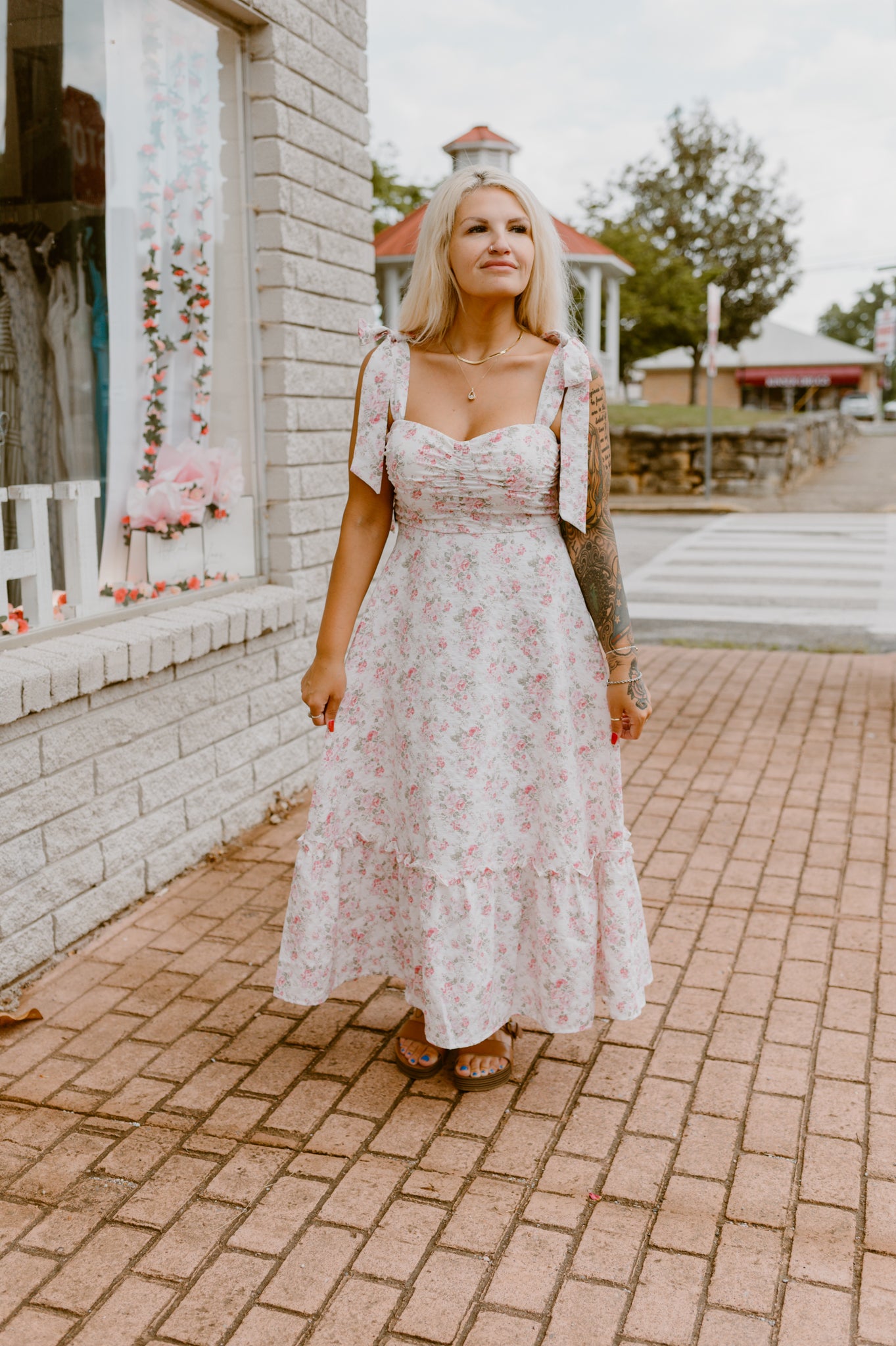 Floral Tie Strap Ruched Maxi | Pink
