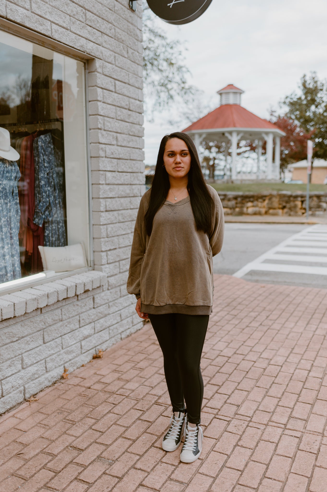 Its Showing Off Back Cross Sweatshirt- Rust Charcoal