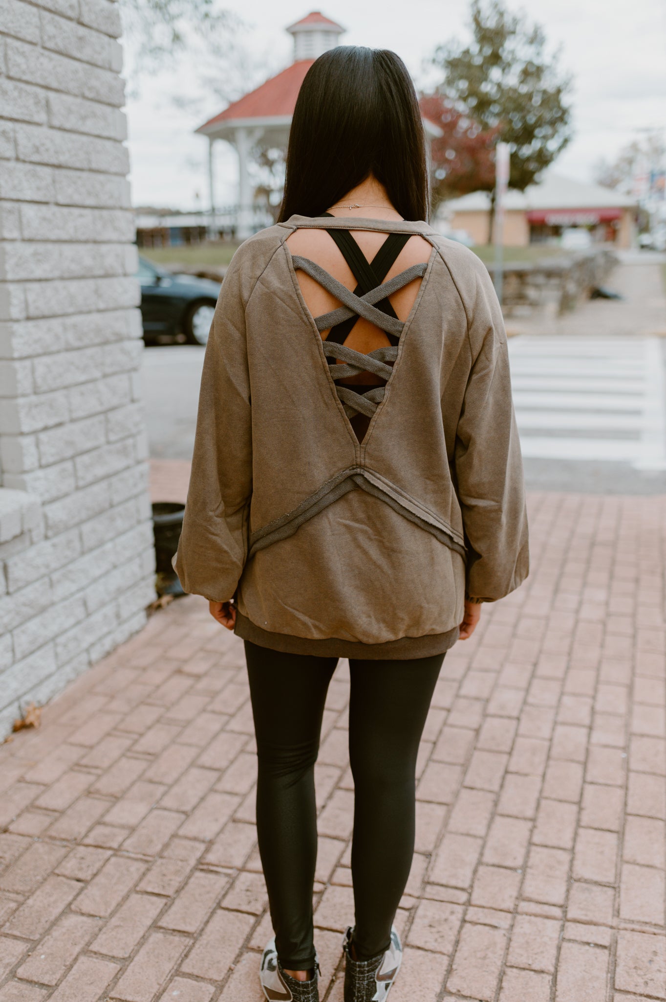 Its Showing Off Back Cross Sweatshirt- Rust Charcoal