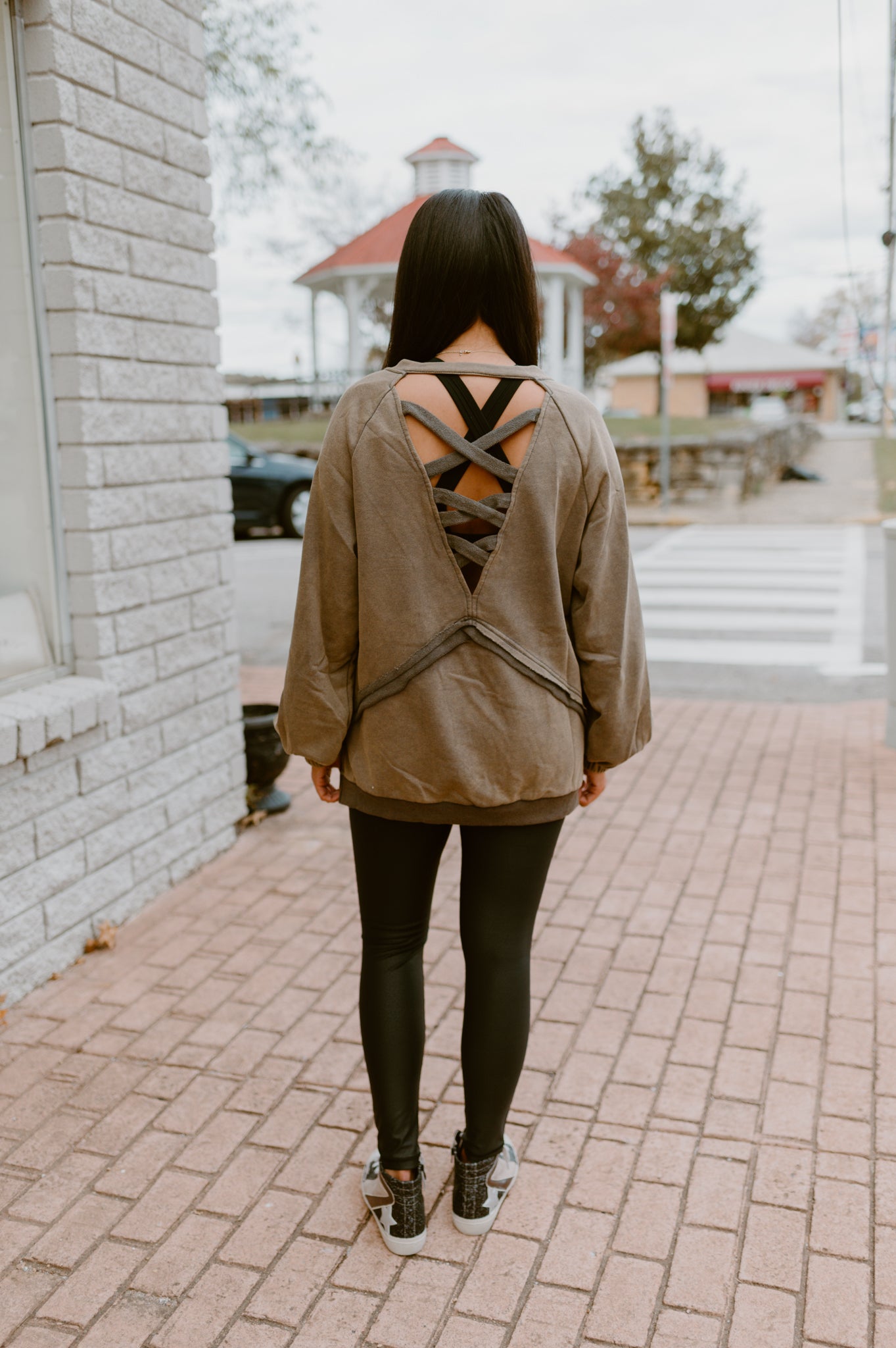 Its Showing Off Back Cross Sweatshirt- Rust Charcoal