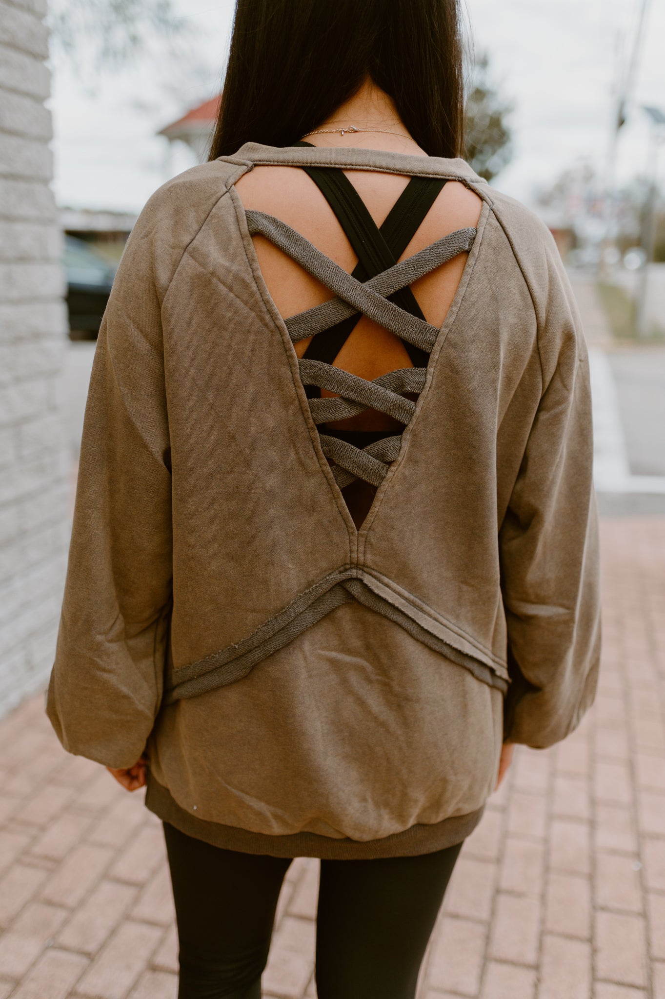 Its Showing Off Back Cross Sweatshirt- Rust Charcoal