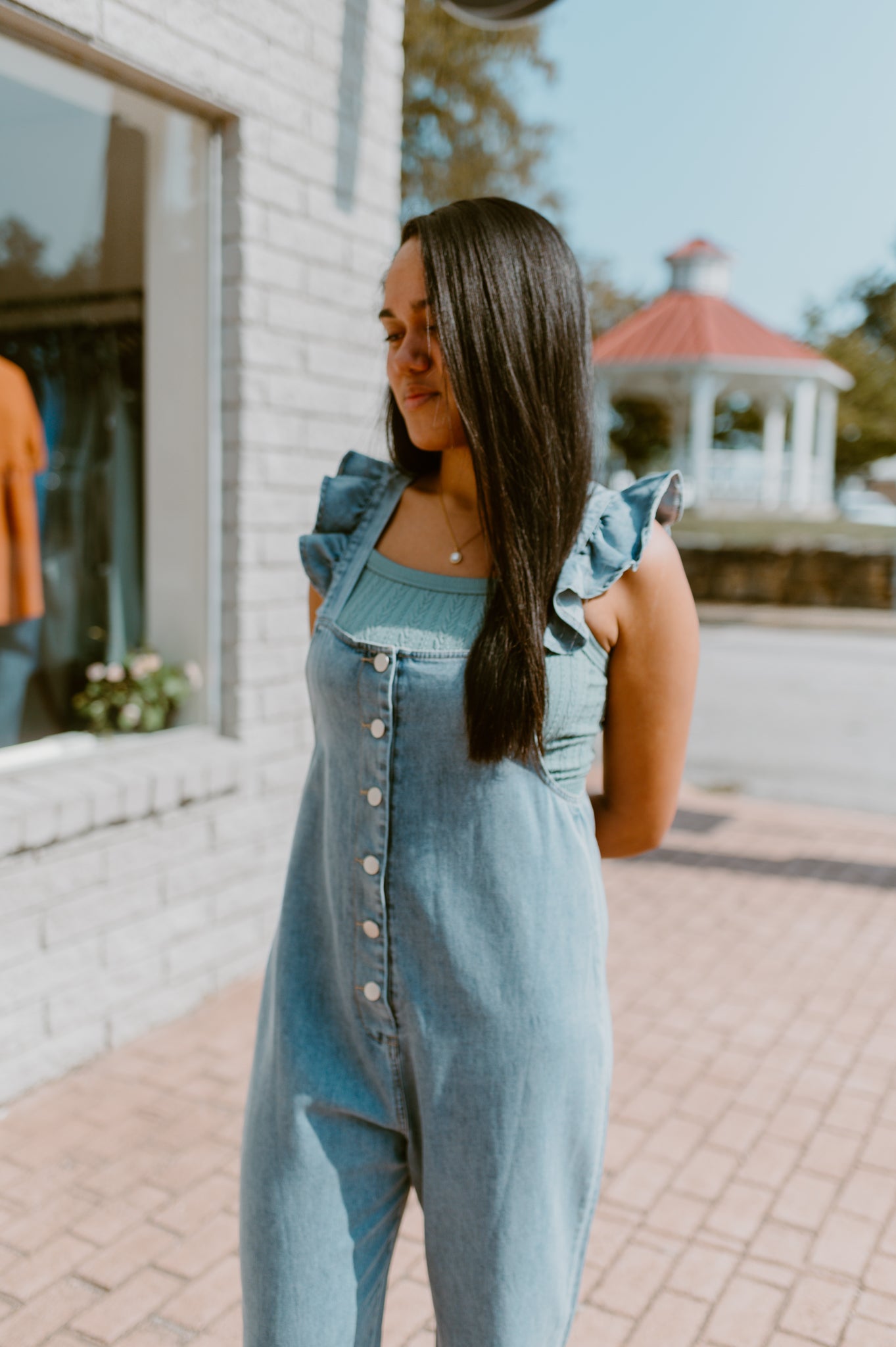 Ruffle Strapped Denim Jumper