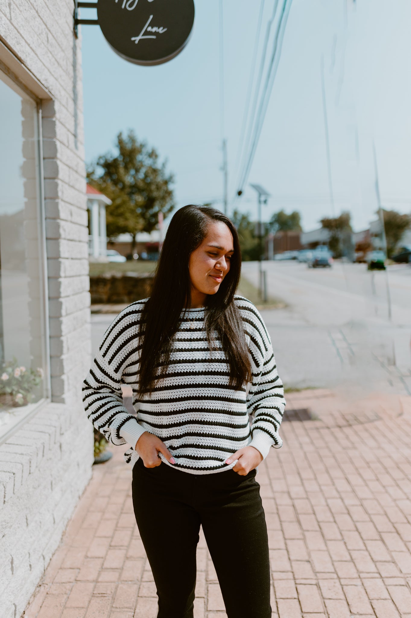 Midnight Dreams Striped Dropped Shoulder Sweater-Black and White