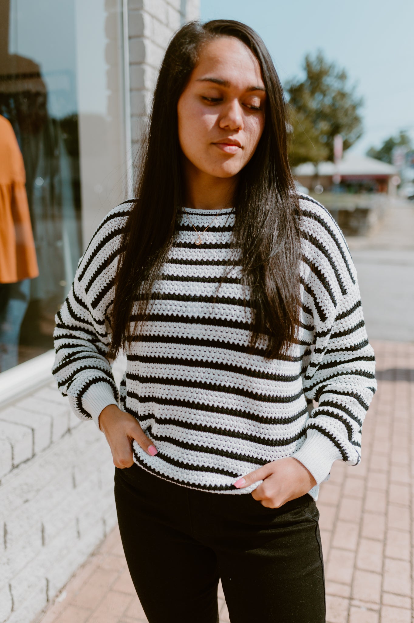 Midnight Dreams Striped Dropped Shoulder Sweater-Black and White