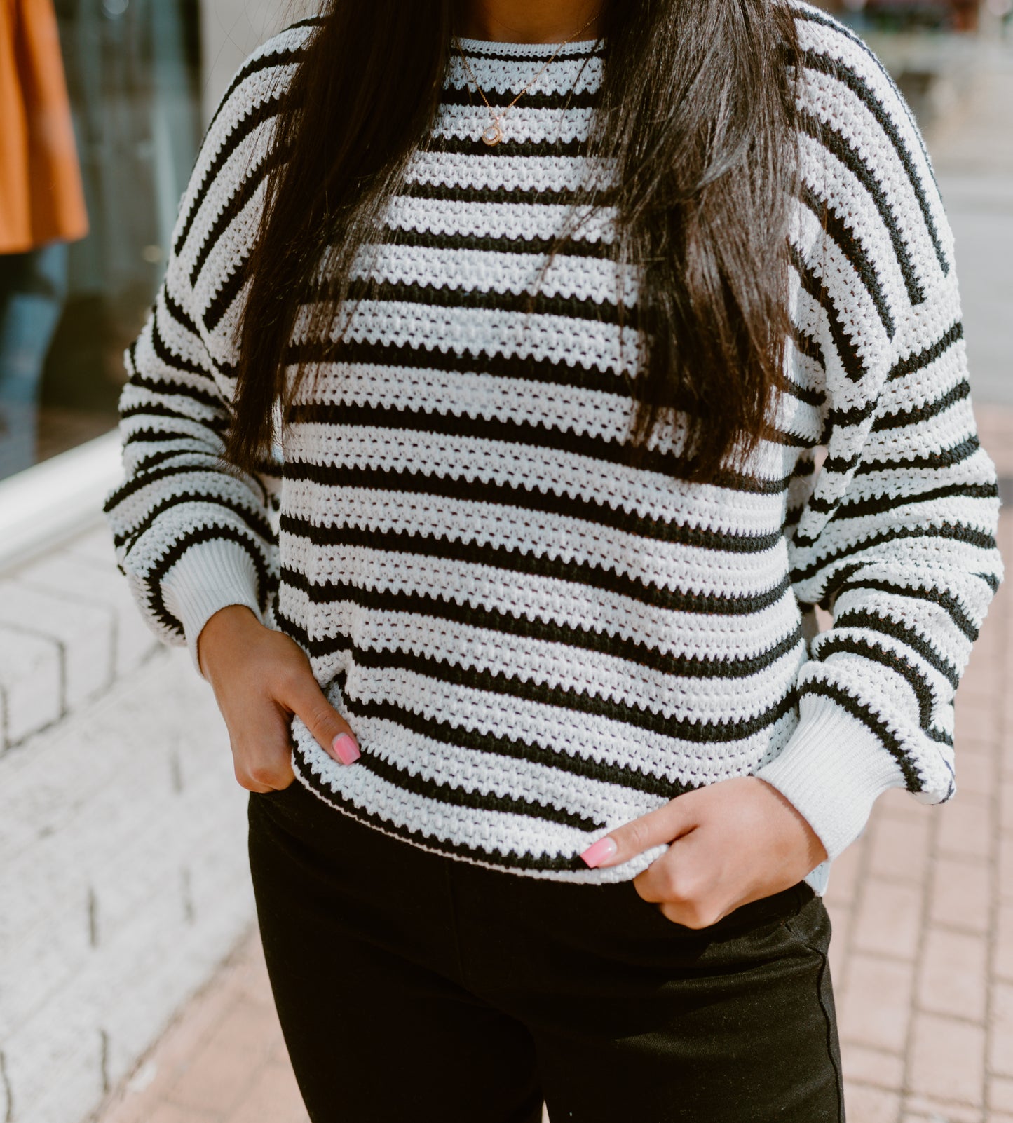 Midnight Dreams Striped Dropped Shoulder Sweater-Black and White