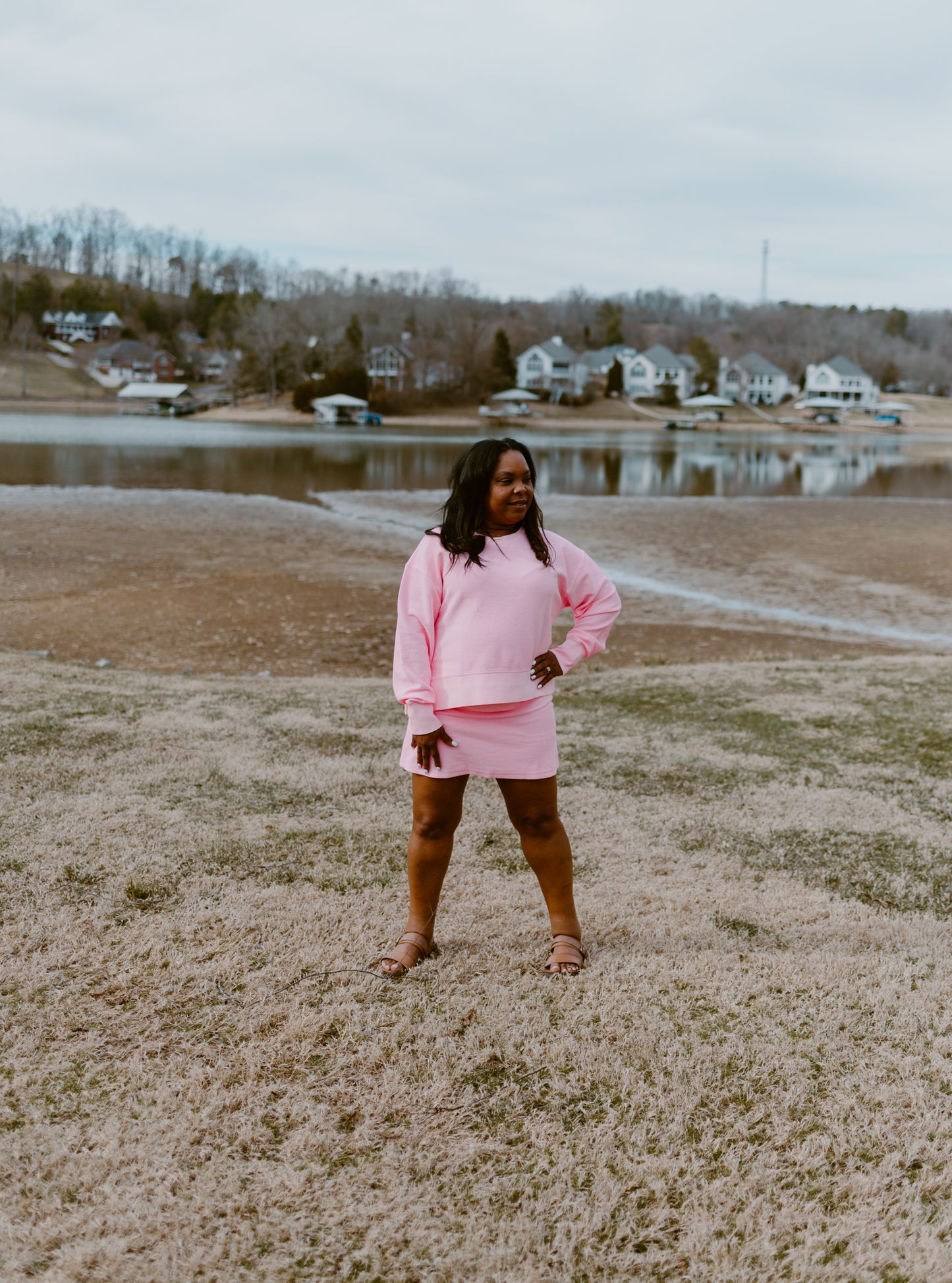 Crop Side Slit Corded Crew | Pink