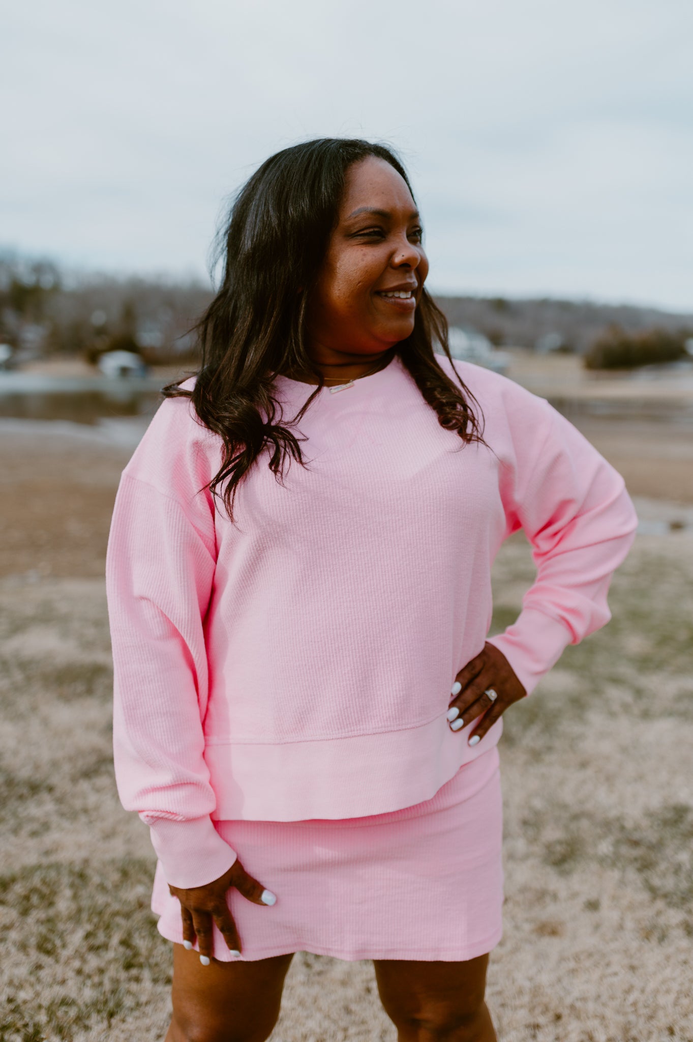 Crop Side Slit Corded Crew | Pink