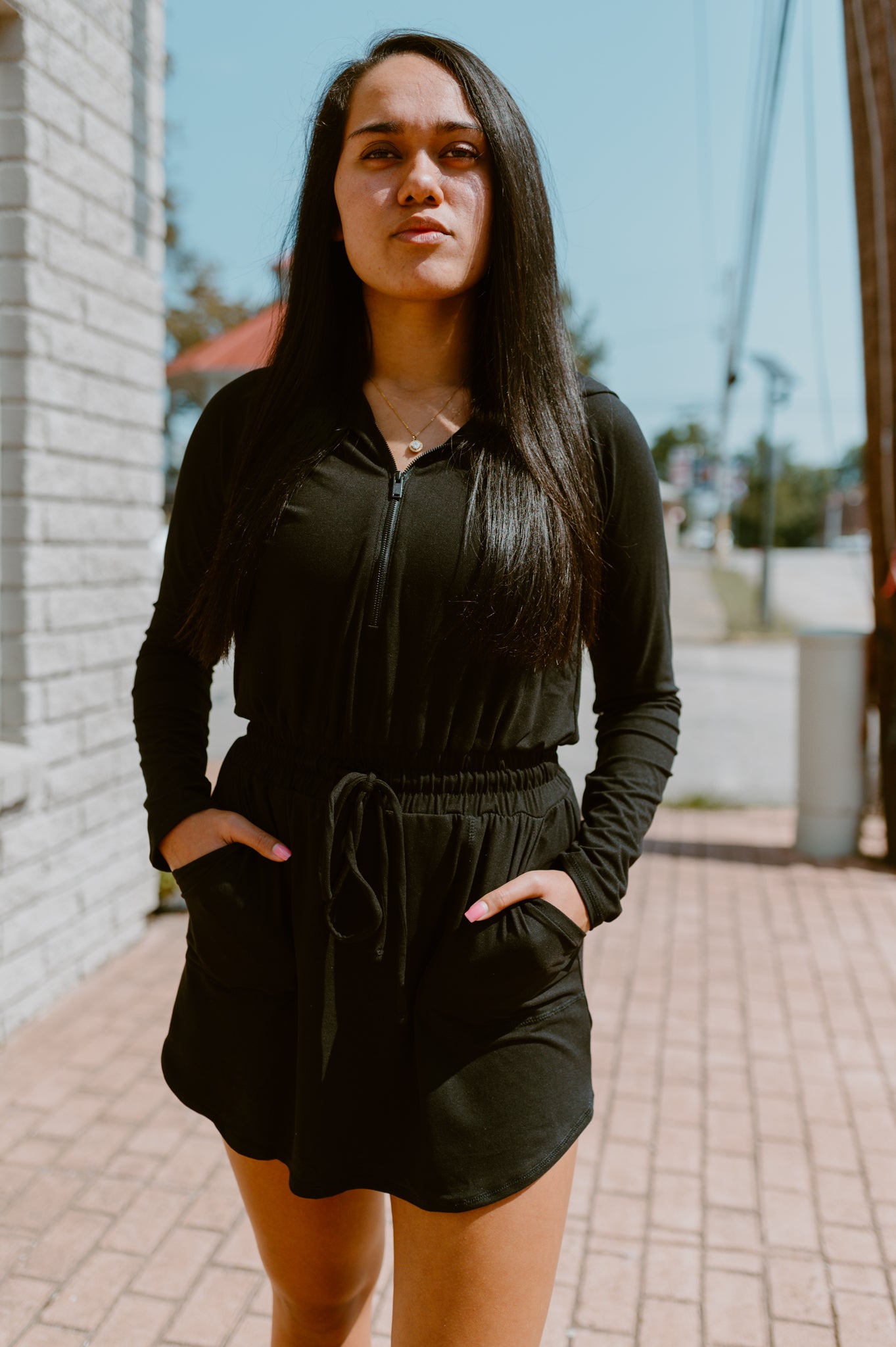 Getting Out Long Sleeve Hoodie Romper-Black