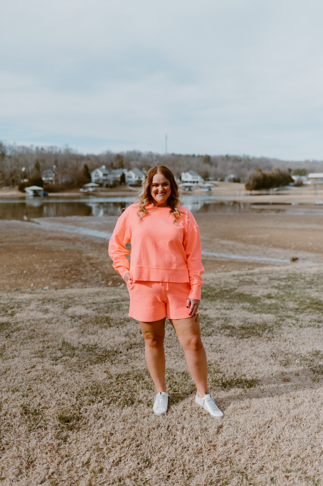 Crop Side Slit Corded Crew | Coral