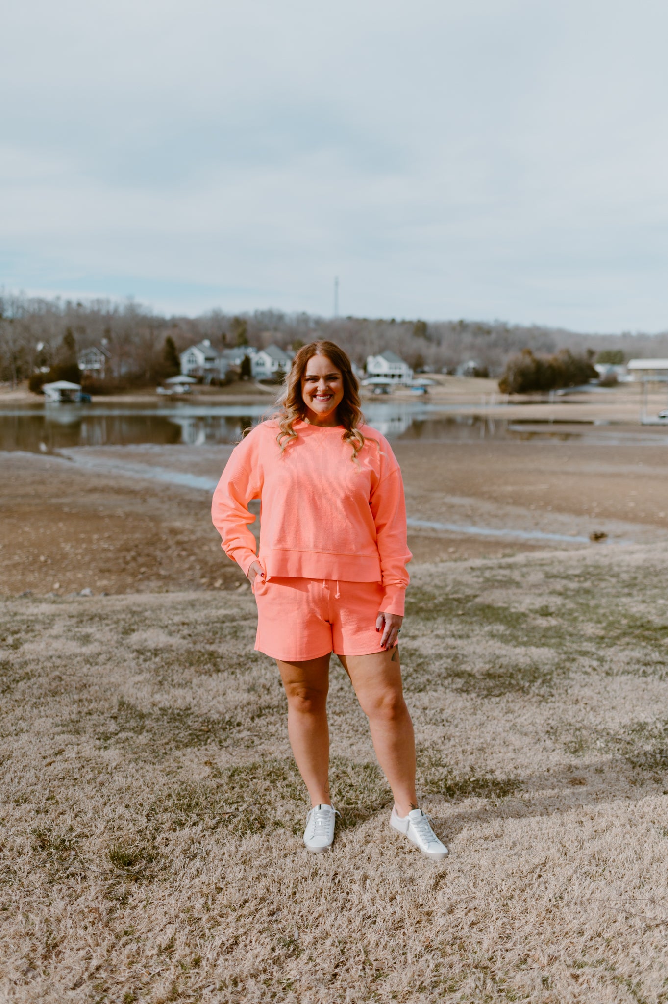 Crop Side Slit Corded Crew | Coral