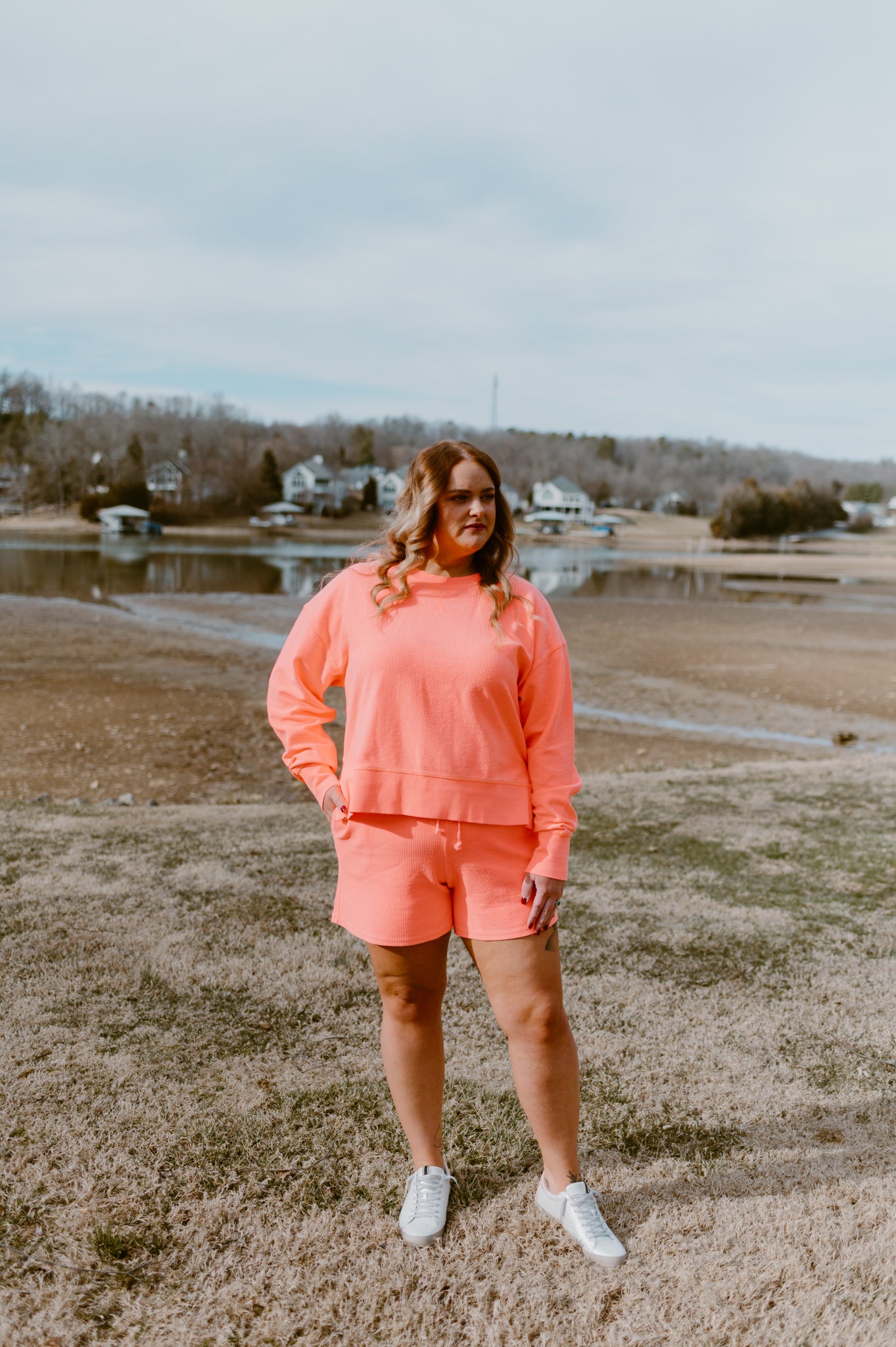 Crop Side Slit Corded Crew | Coral
