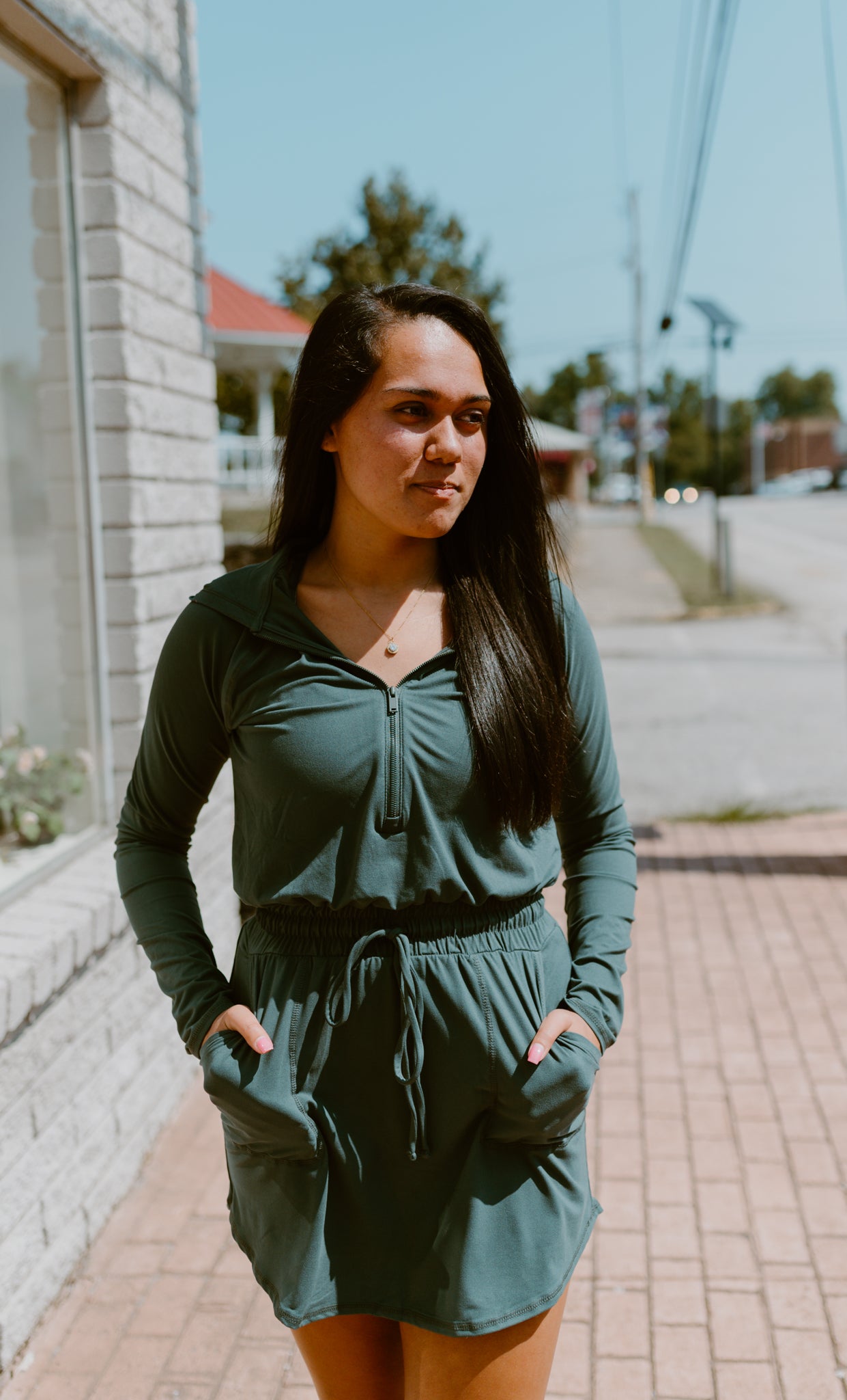 Getting Out Long Sleeve Hoodie Romper-Forest Green