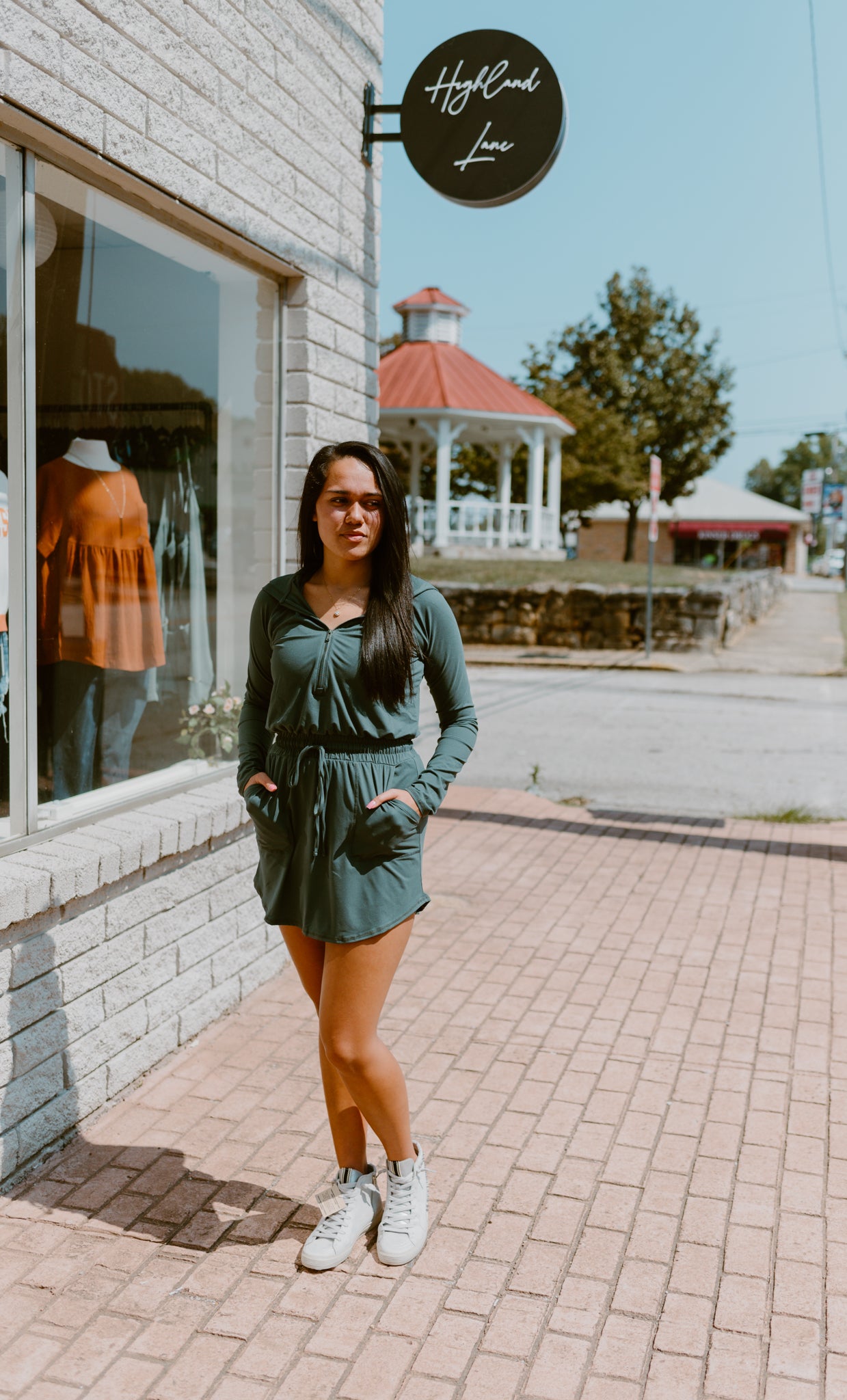 Getting Out Long Sleeve Hoodie Romper-Forest Green