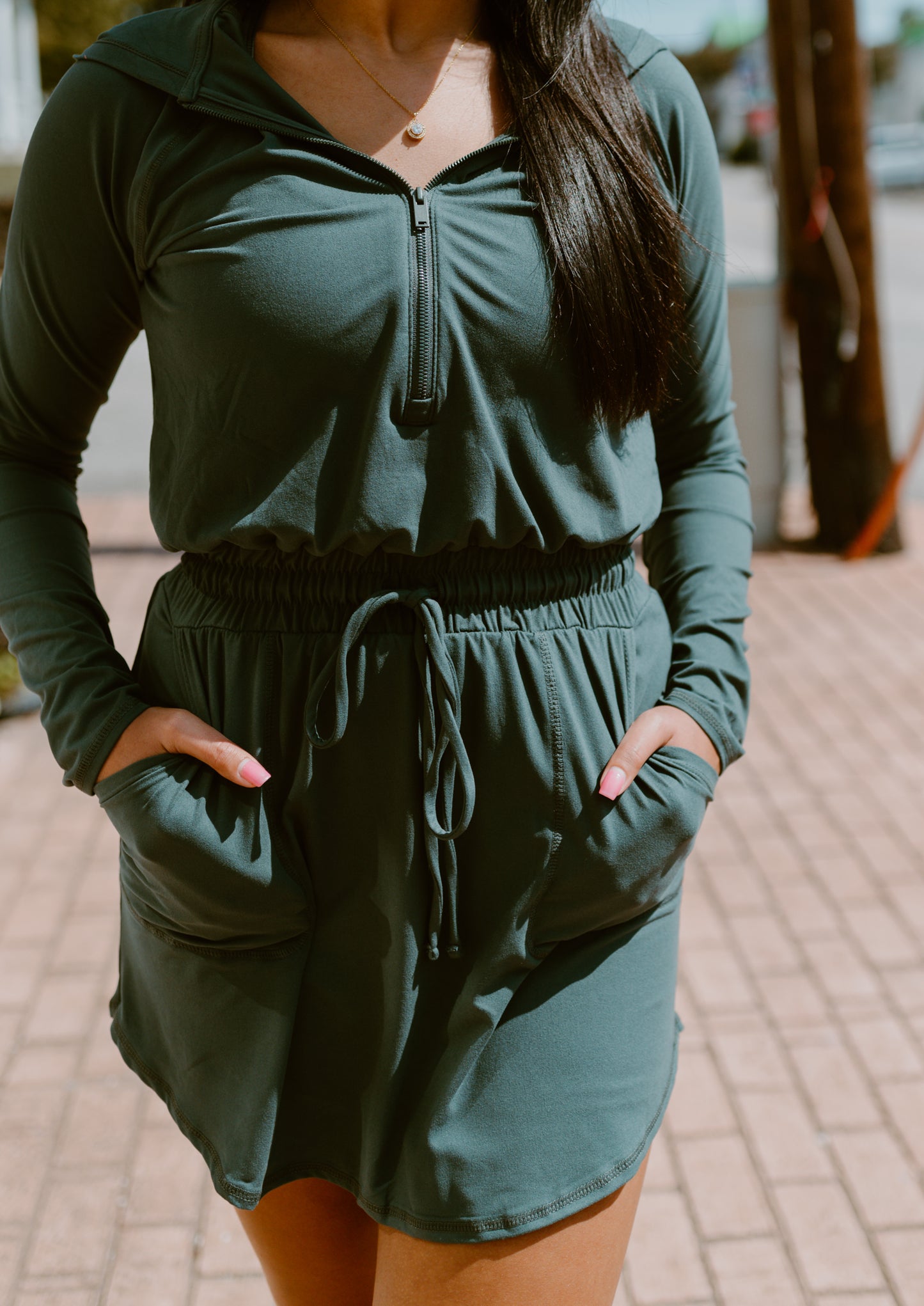 Getting Out Long Sleeve Hoodie Romper-Forest Green