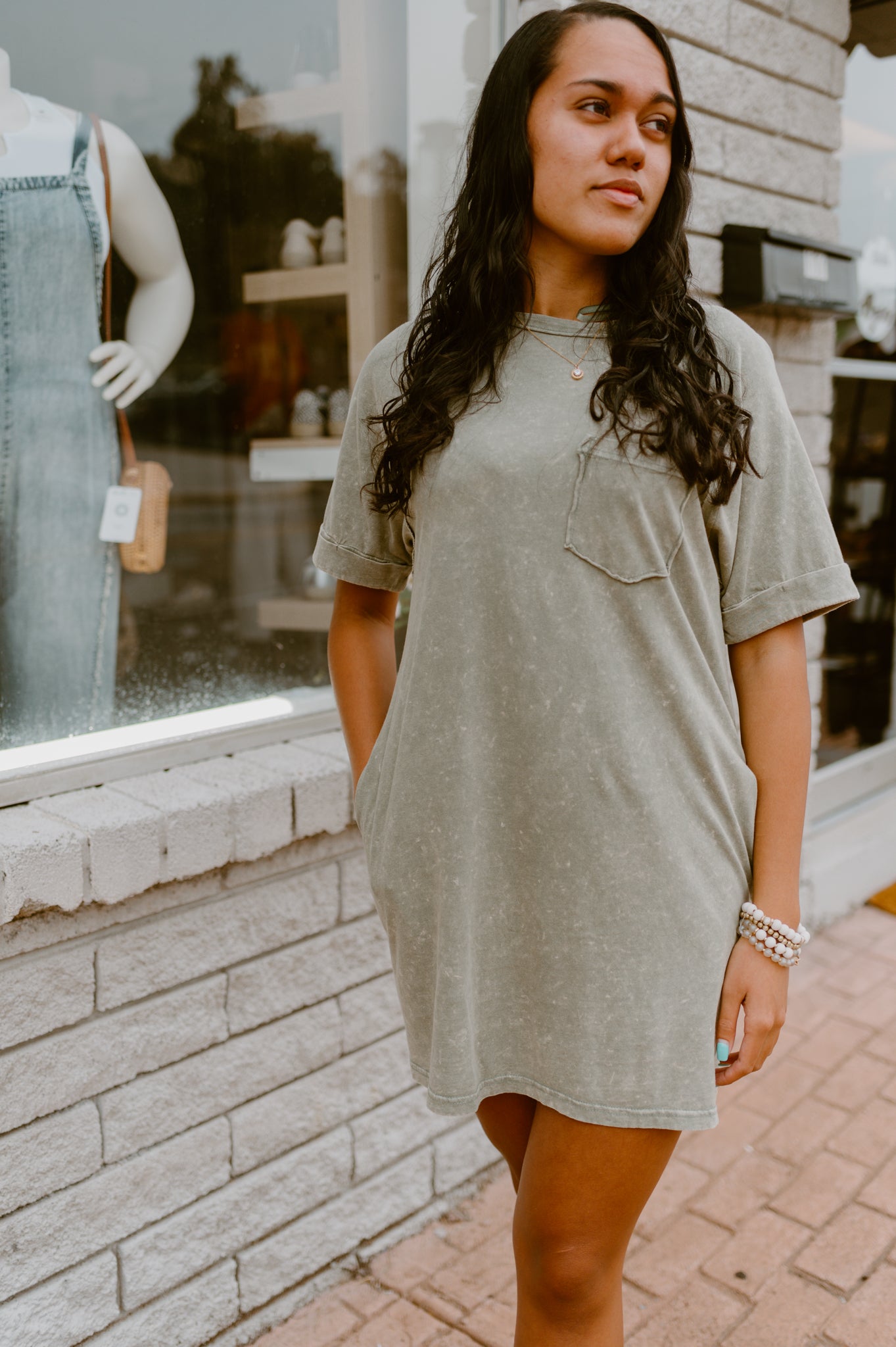 Mineral Washed T-Shirt Dress (Sage)