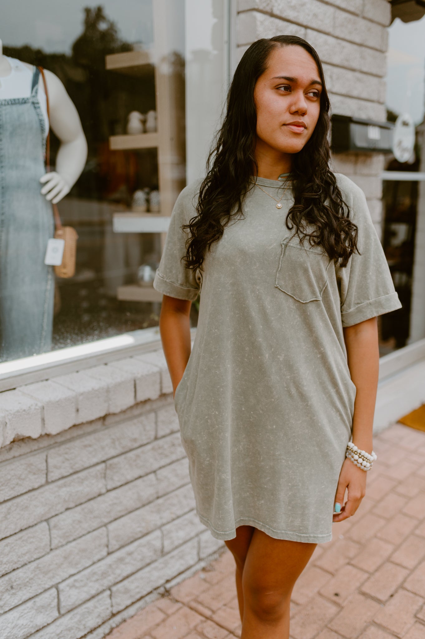 Mineral Washed T-Shirt Dress (Sage)