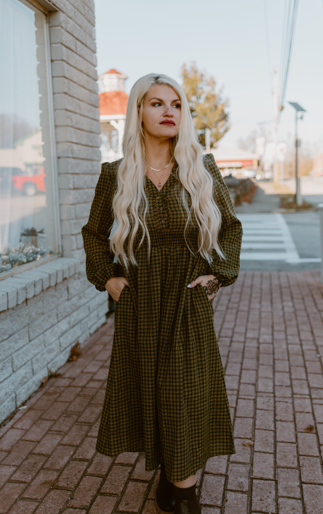 V-Neck Smocking Long Sleeve Plaid Midi Dress | Hunter Green