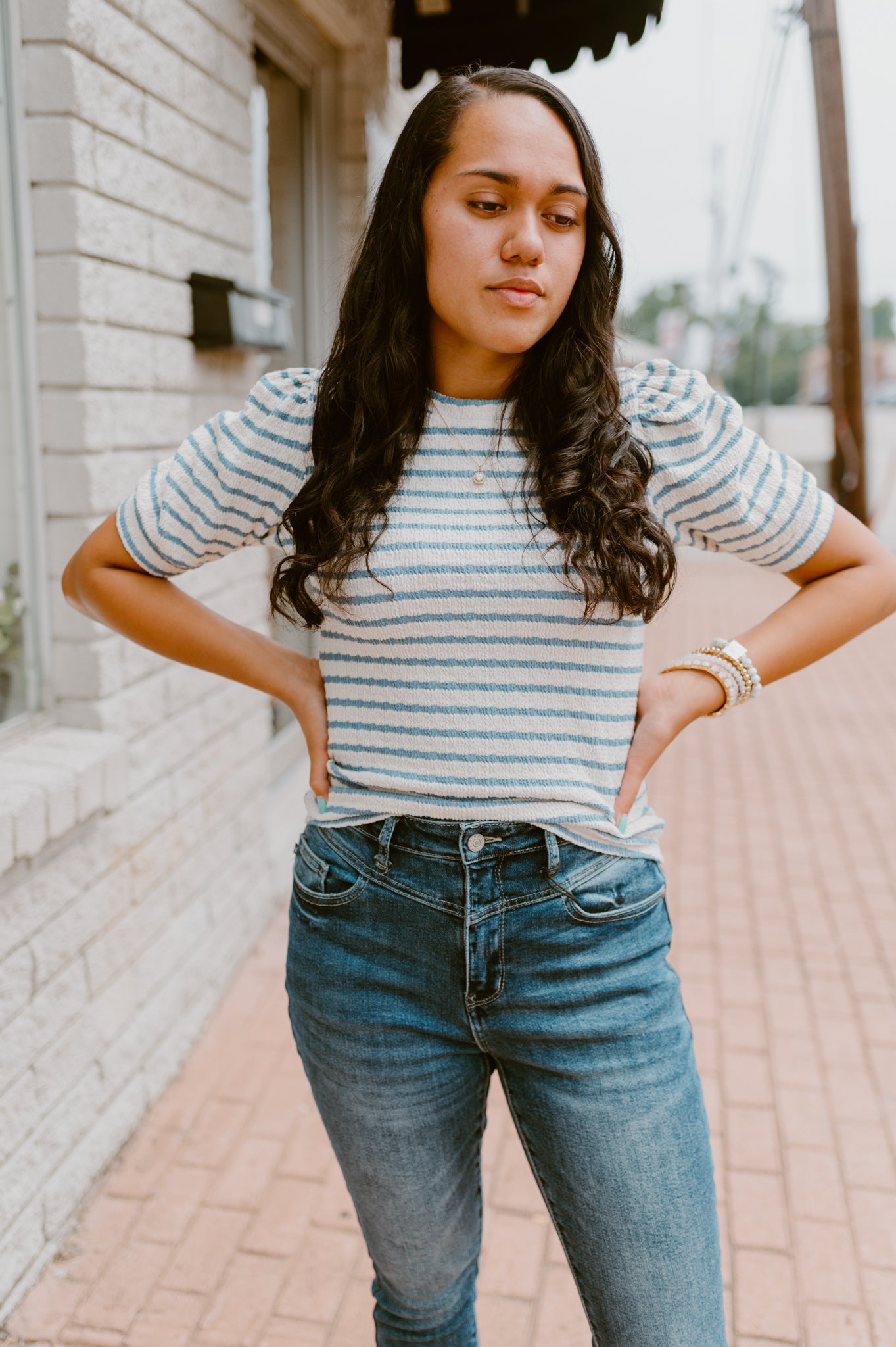 Blue & White Stripe Ribbed Puff Short Sleeved