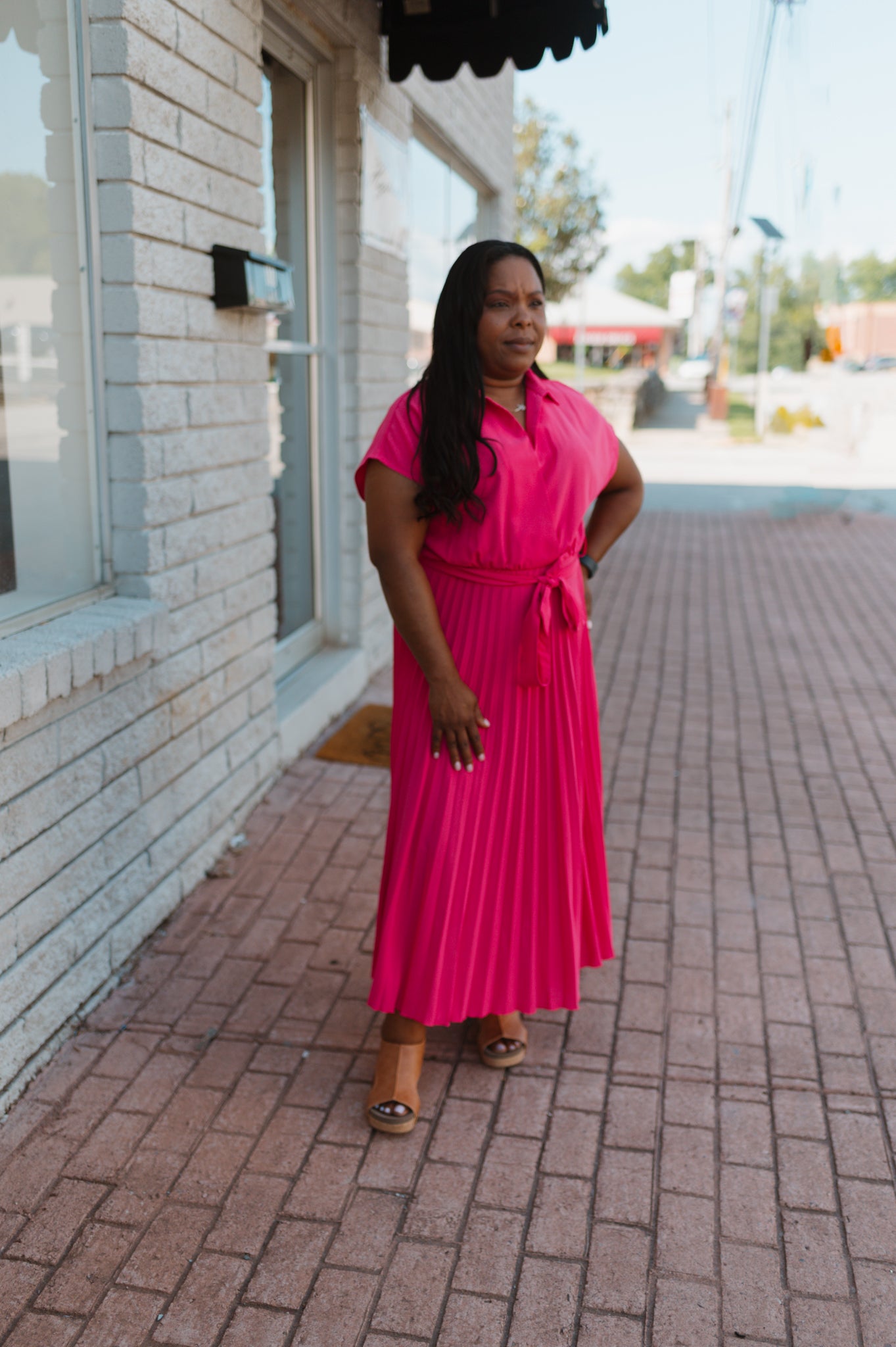 Hot Pink Pleated Maxi Dress with Waist Belt