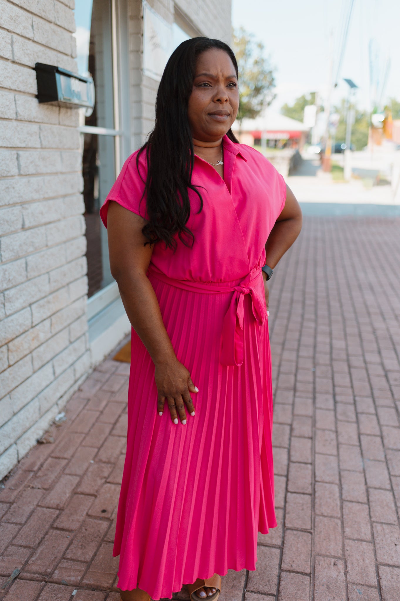 Hot Pink Pleated Maxi Dress with Waist Belt