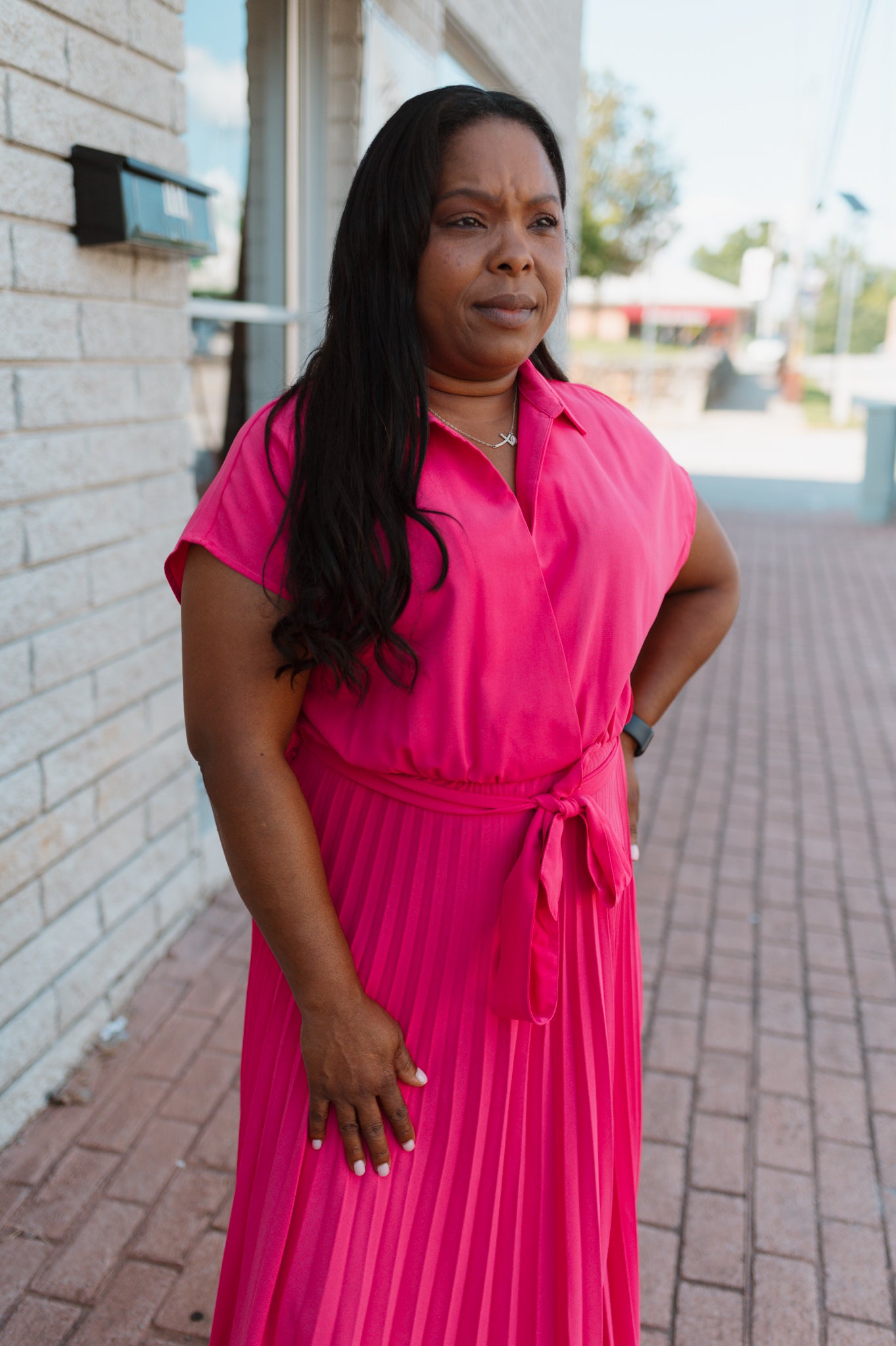 Hot Pink Pleated Maxi Dress with Waist Belt