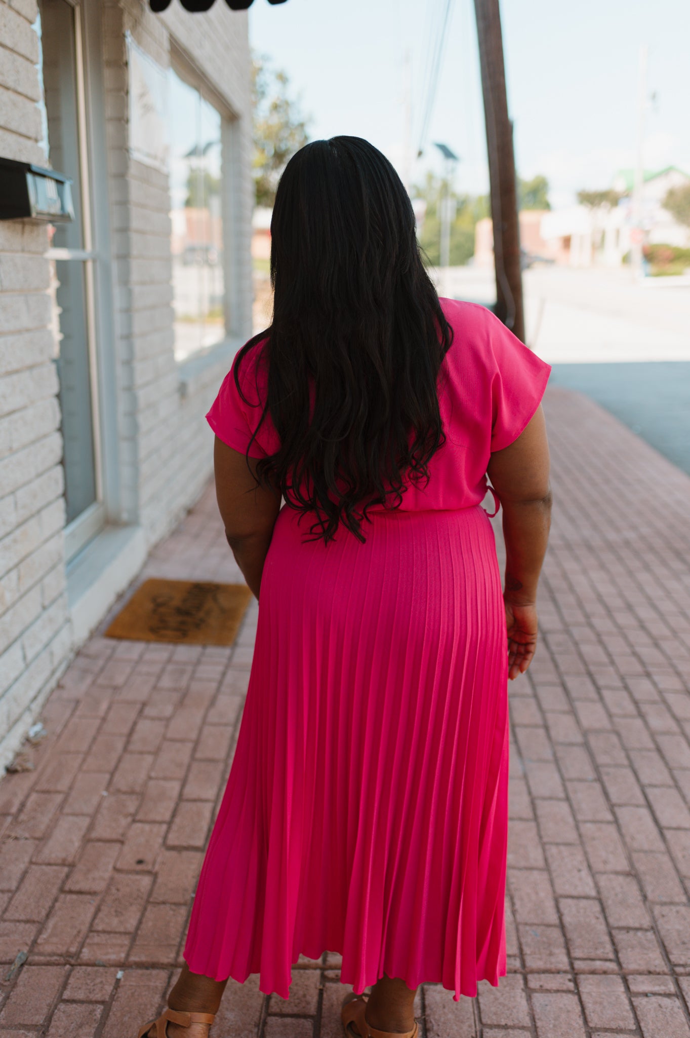 Hot Pink Pleated Maxi Dress with Waist Belt