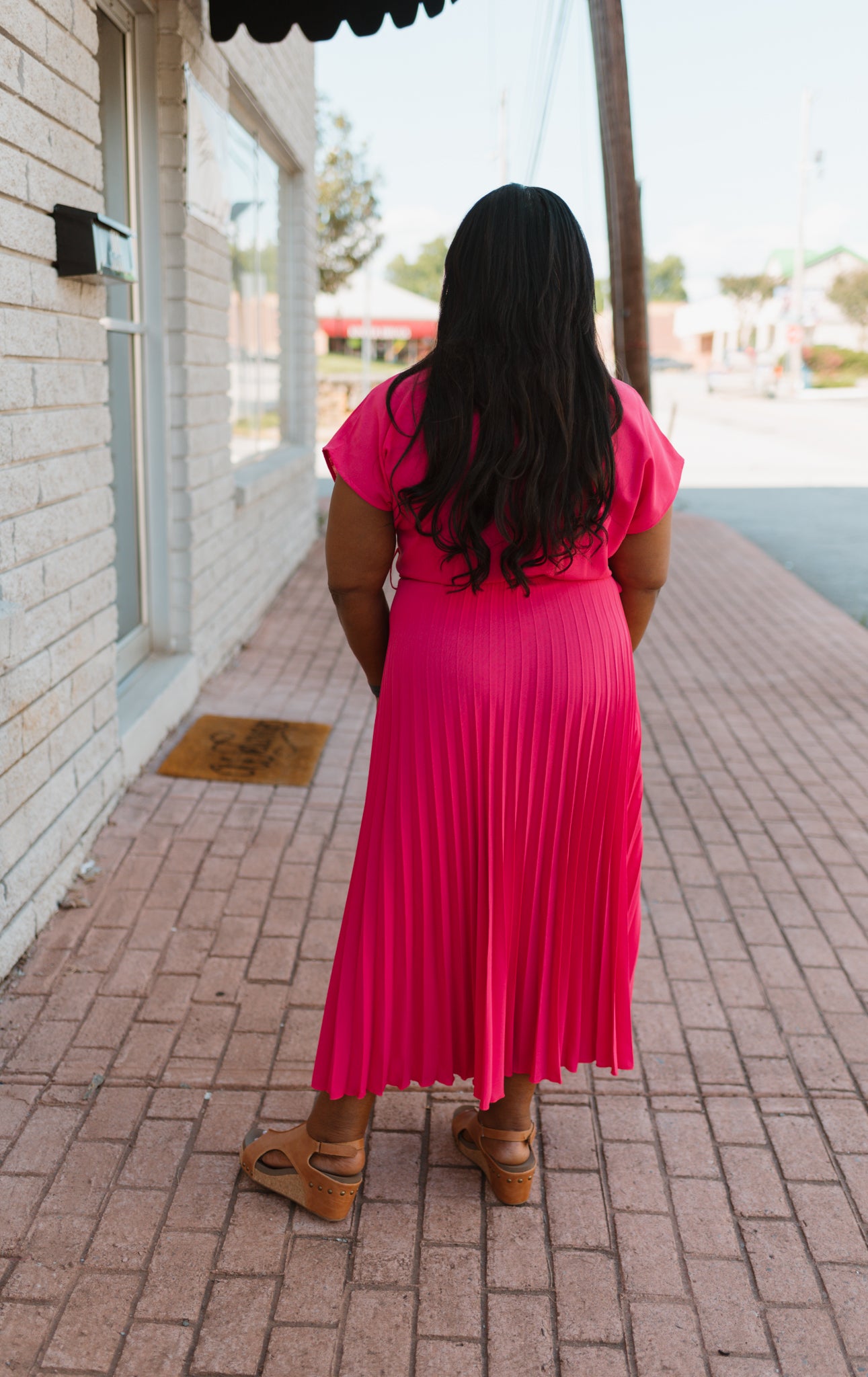 Hot Pink Pleated Maxi Dress with Waist Belt