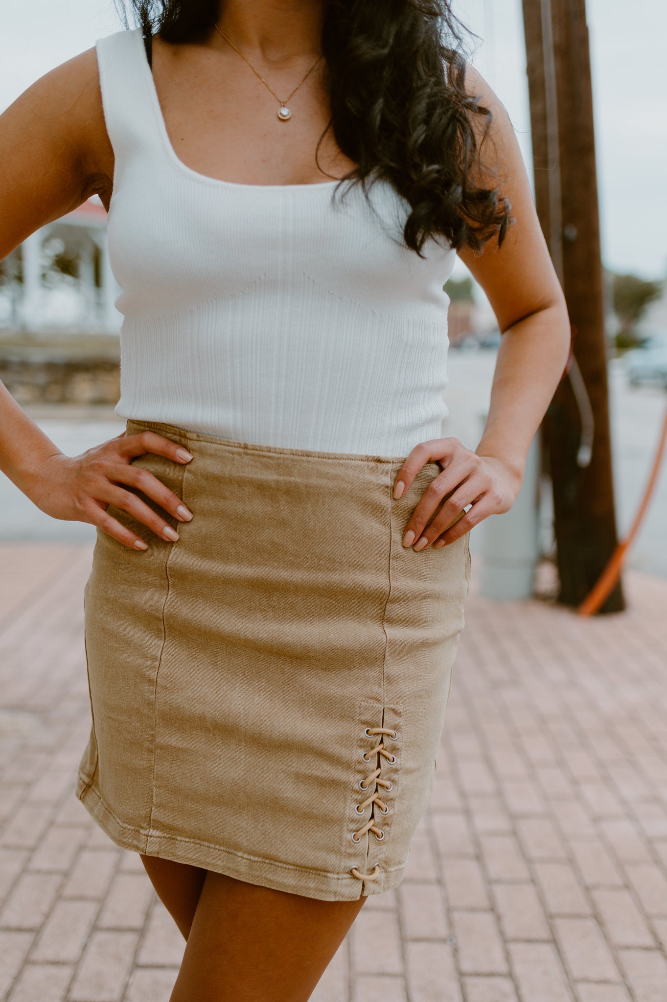 Grommet Lace-Up Denim High-Waisted Mini Skirt- Coco