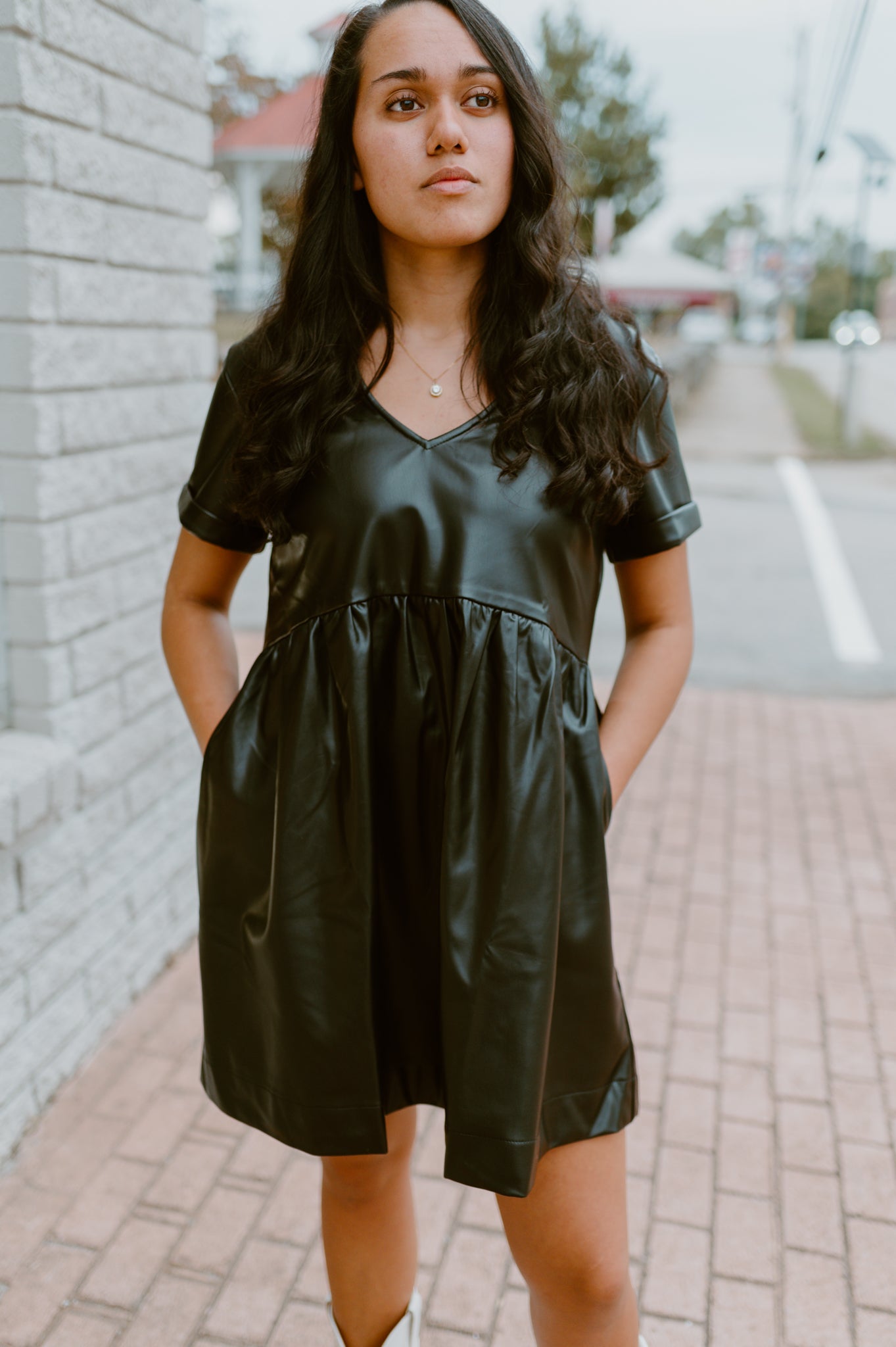 Faux Leather Mini Dress-Black