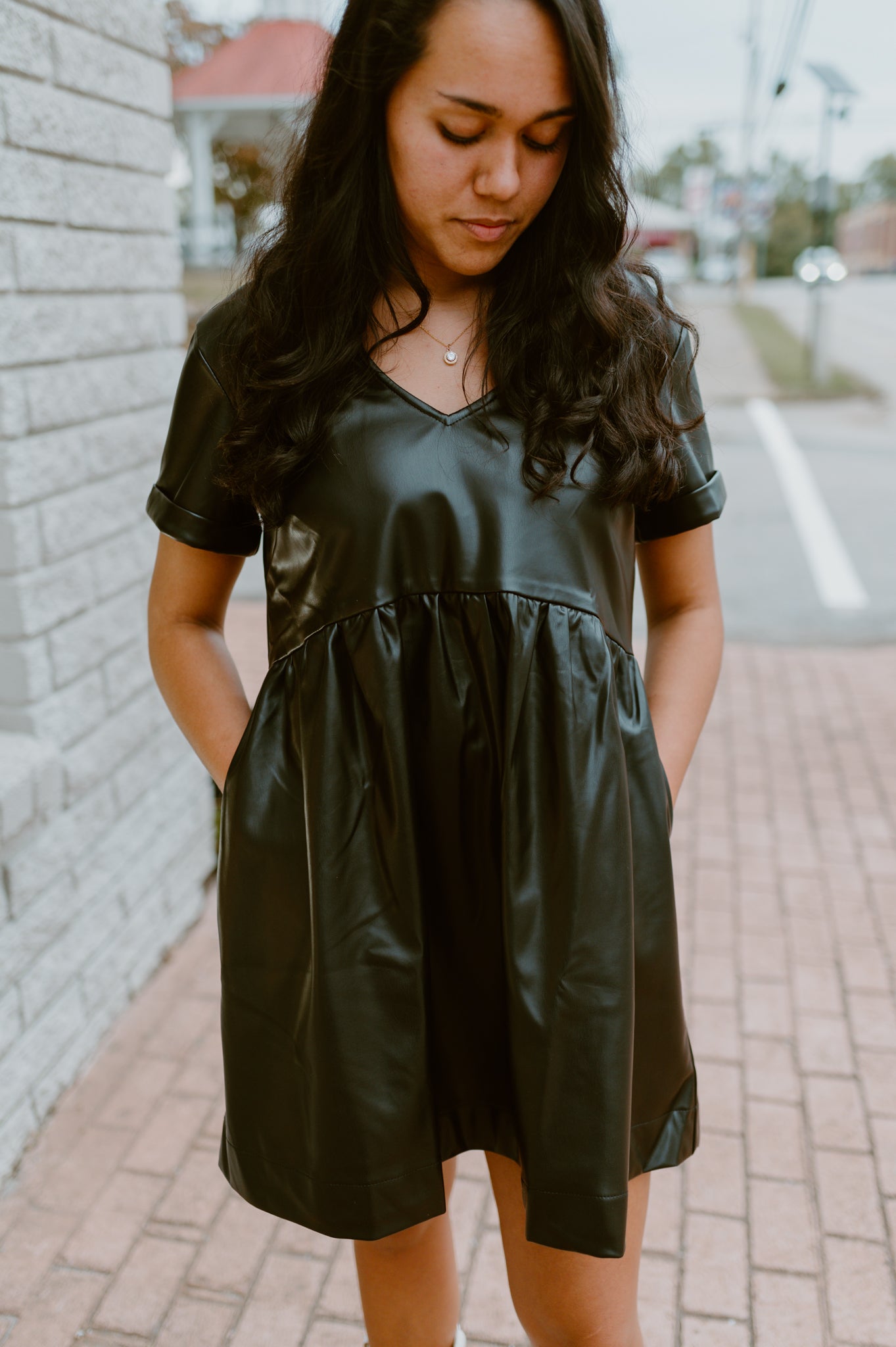 Faux Leather Mini Dress-Black