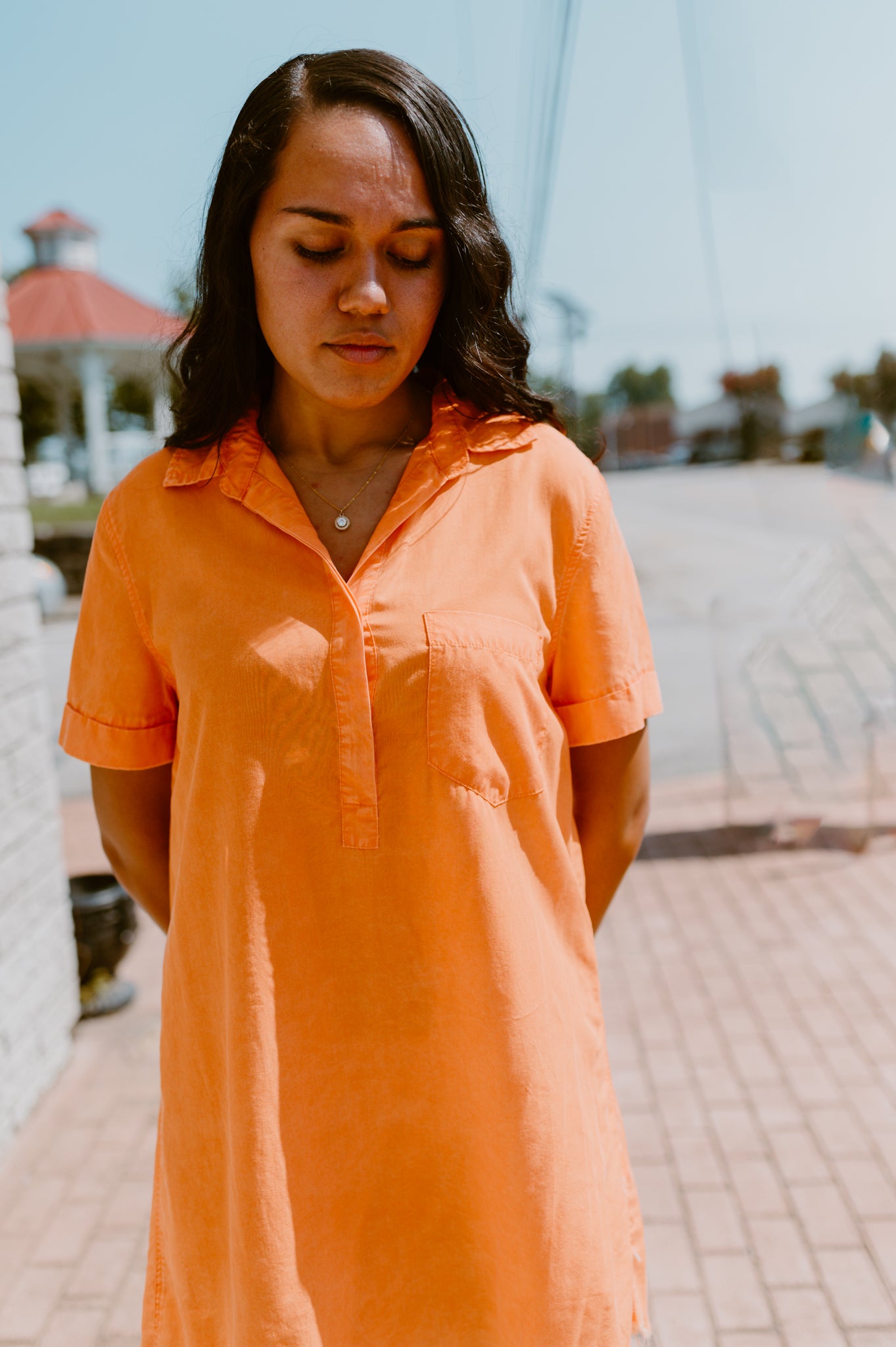 Check the Scoreboard Orange Button-Up Shirt Dress