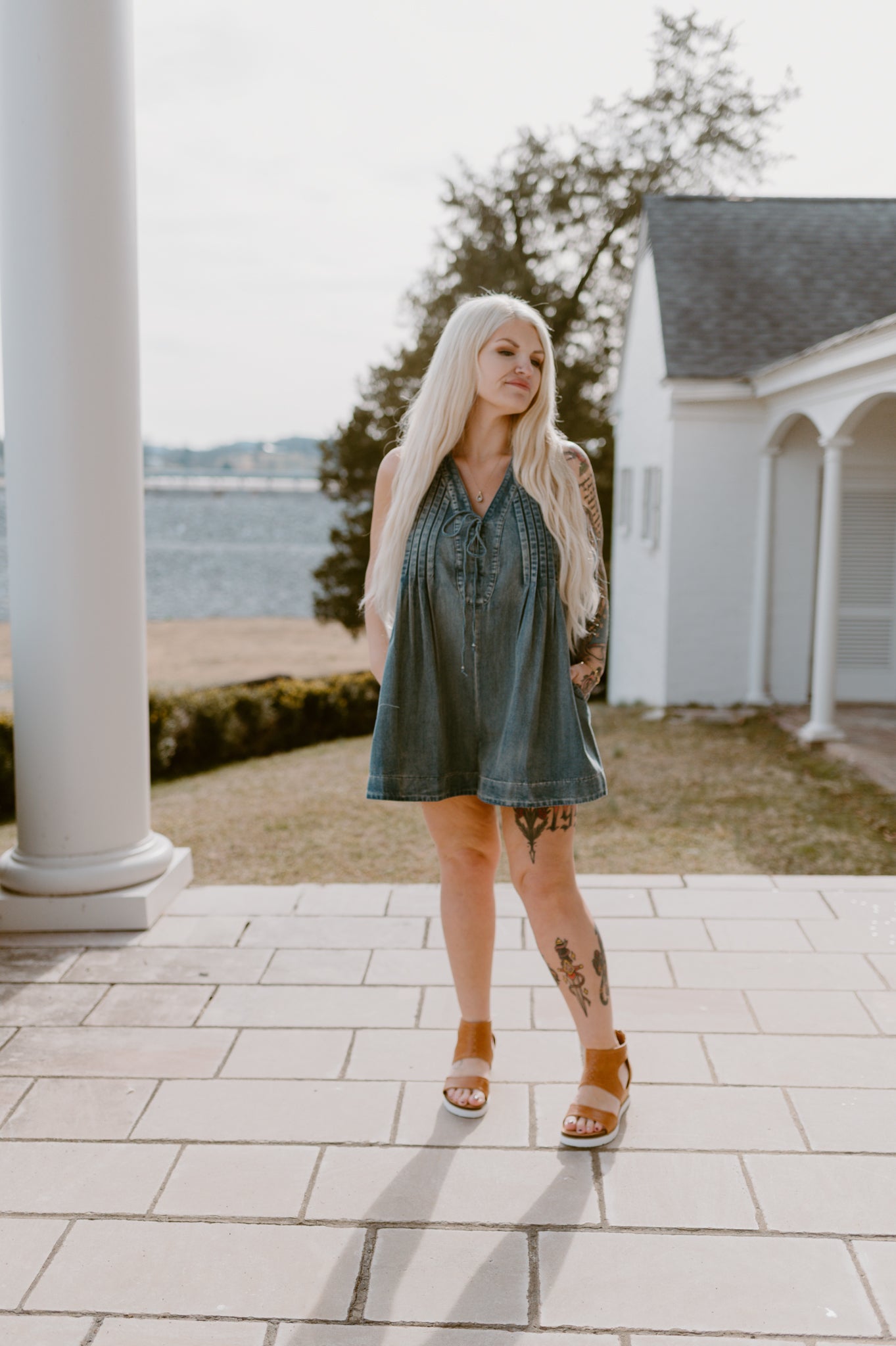 TIE WITH PLEATED DENIM ROMPER | L