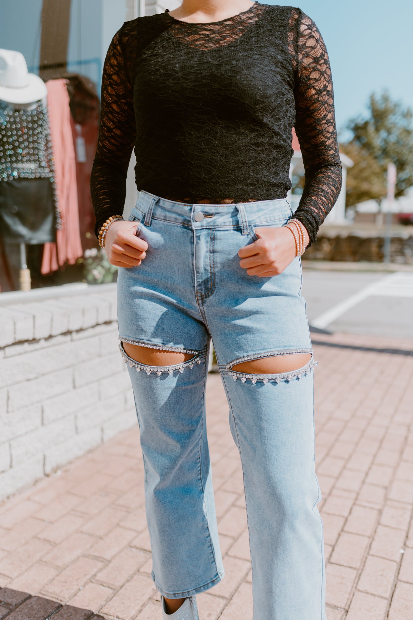 Rhinestone Cut-Out Jeans