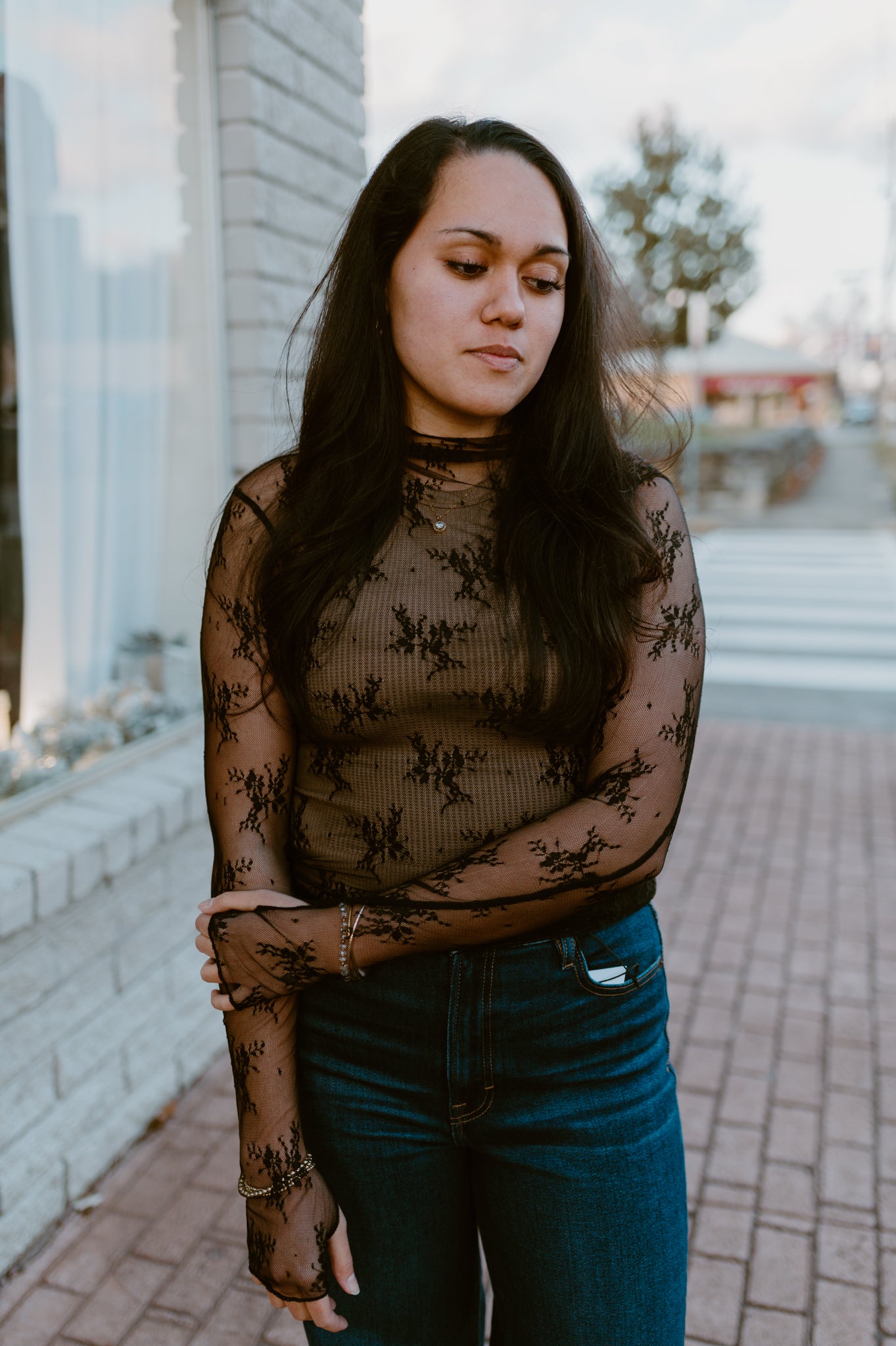 Mesh Lace High Neck Long Sleeve Lace | Black