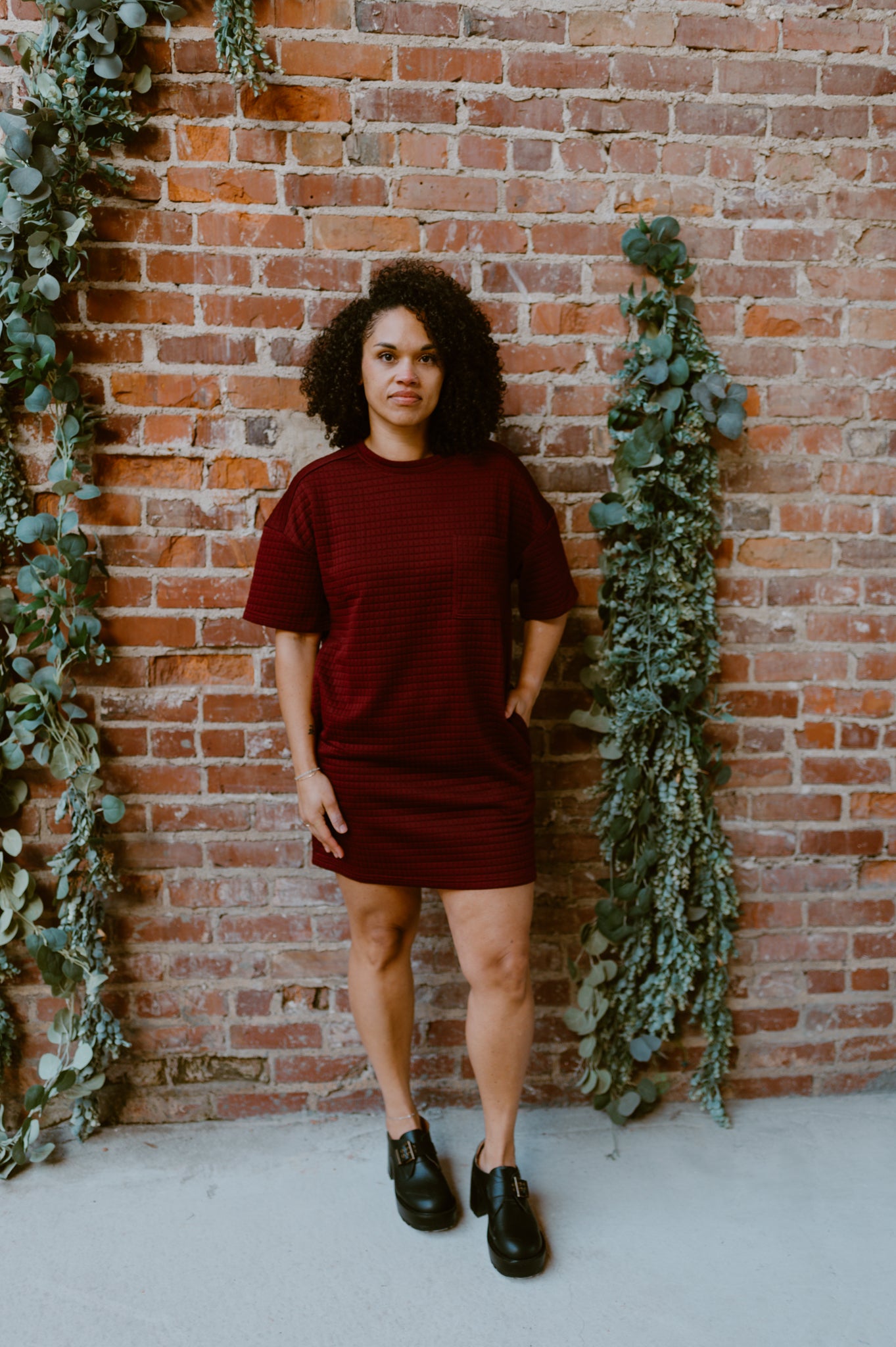 Oversized Quilted Basic Shift Mini Dress | Wine